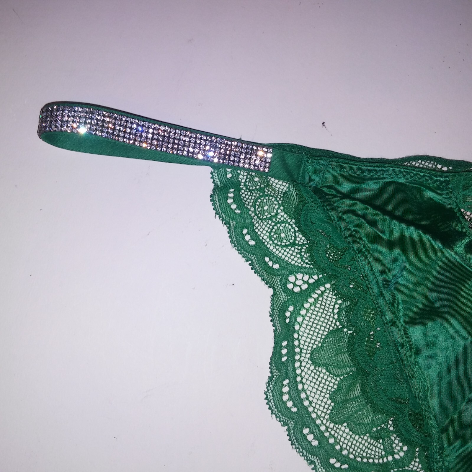 Victoria Secret Panty Medium Cheeky Shine Strap Solid Green Lace Back New