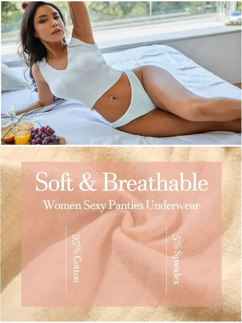 Low Rise Cotton Thong Panties Ribbed Stretch Breathable Soft Comfortable 6PCS
