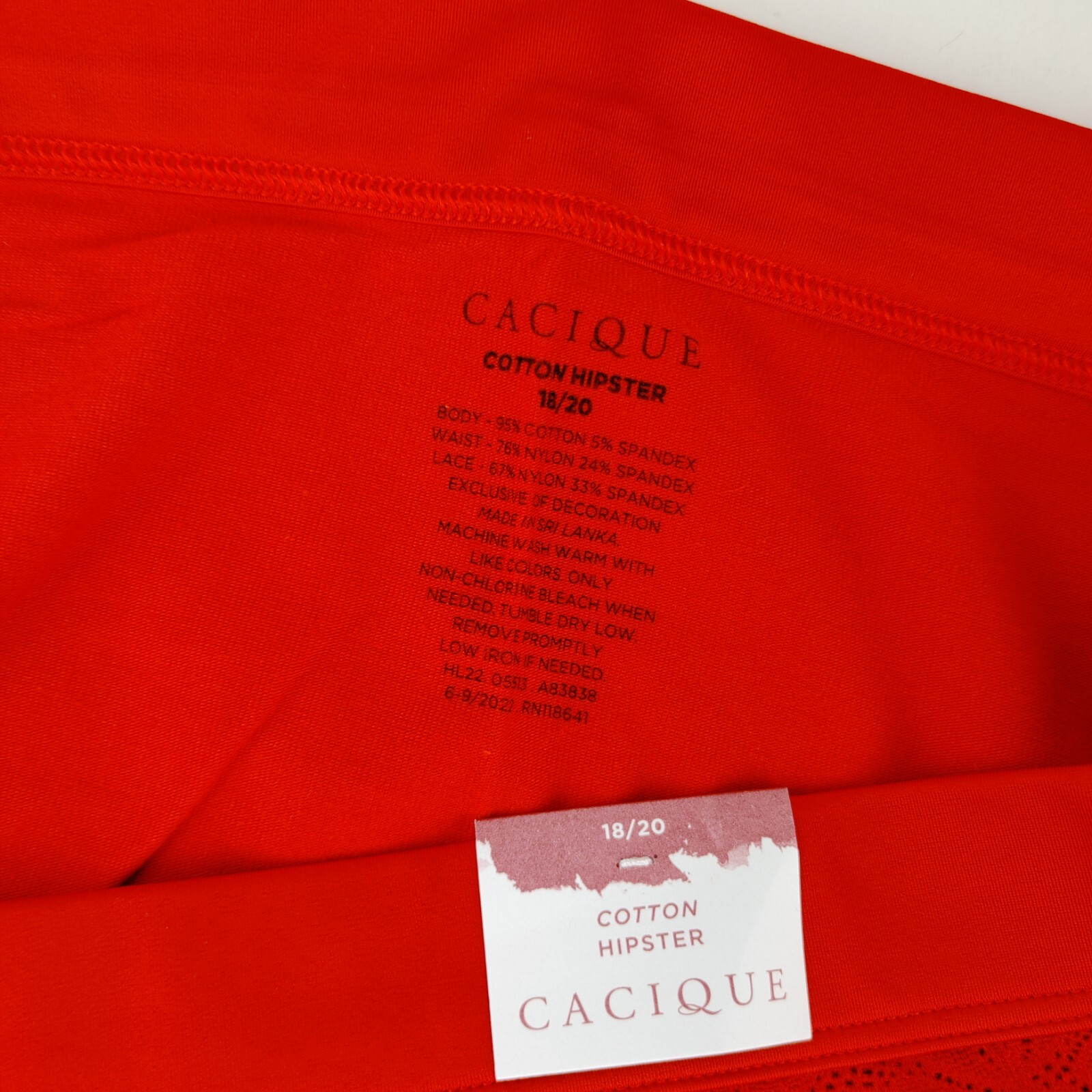 LANE BRYANT CACIQUE PLUS 18/20 COTTON HIPSTERS PANTY BRIGHT RED W/ LACE ACCENTS