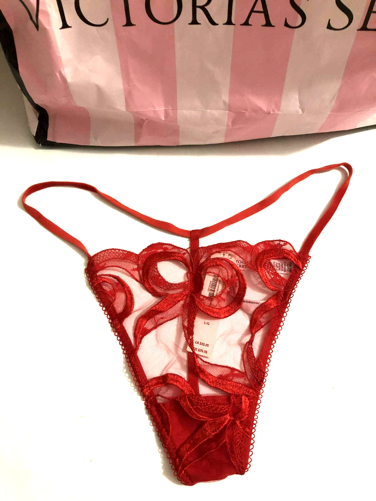 Victoria’s Secret Embroidered Tied-With-A-Bow Embroidery V-String Panty Red NWT