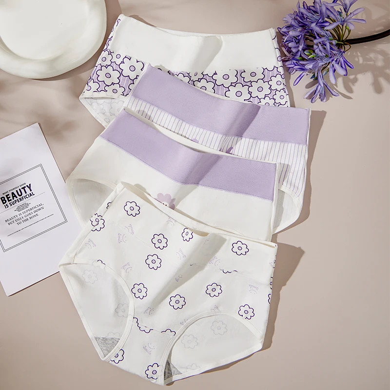 High Waist Cotton Panties Slimming Printed Women’s Breathable Briefs M 4XL 4 Pcs
