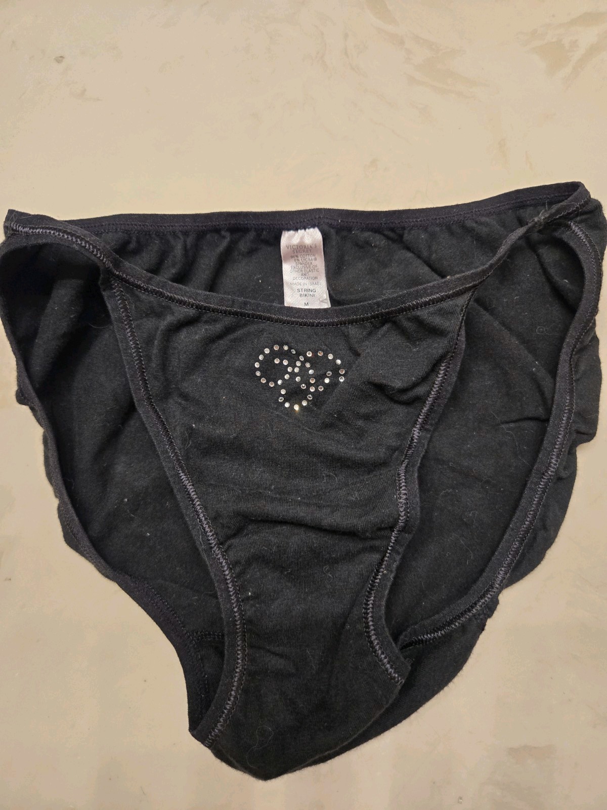 Vintage Victoria’s Secret Black Cotton String Bikini Rhinestone Detail 1999 M6