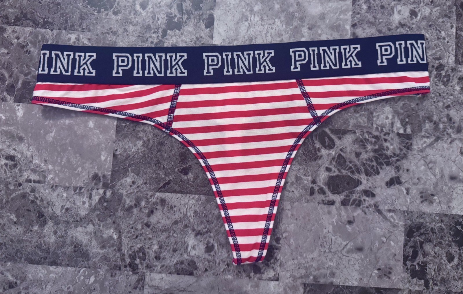 NWT VICTORIA’S SECRET PINK L RED STRIPE NAVY BLUE THICK BAND RARE THONG PANTIES