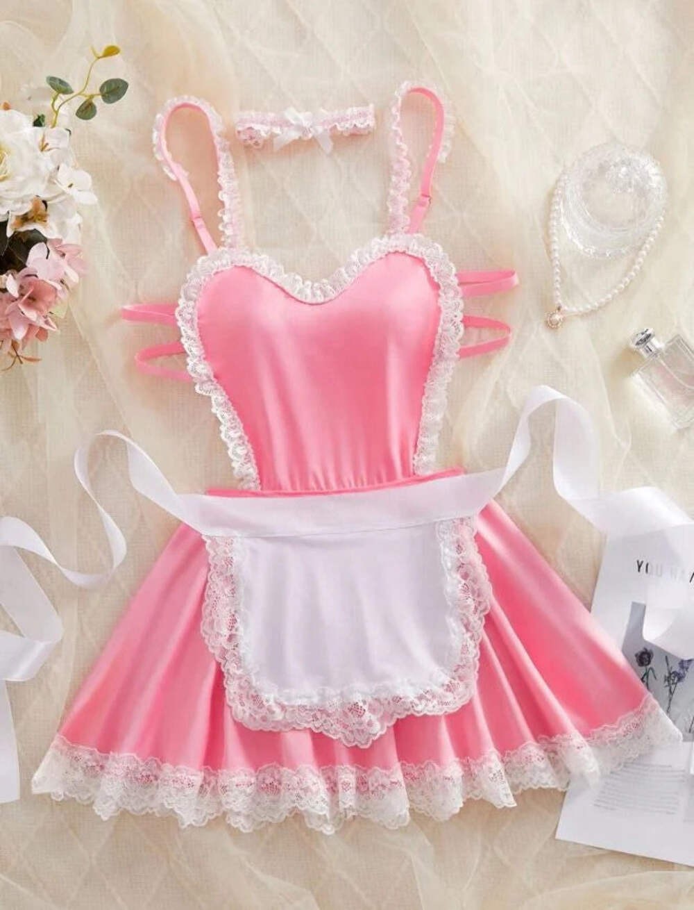 Silky feel soft pink fantasy maid lingerie nightie nightdress 3 piece size 10/ M