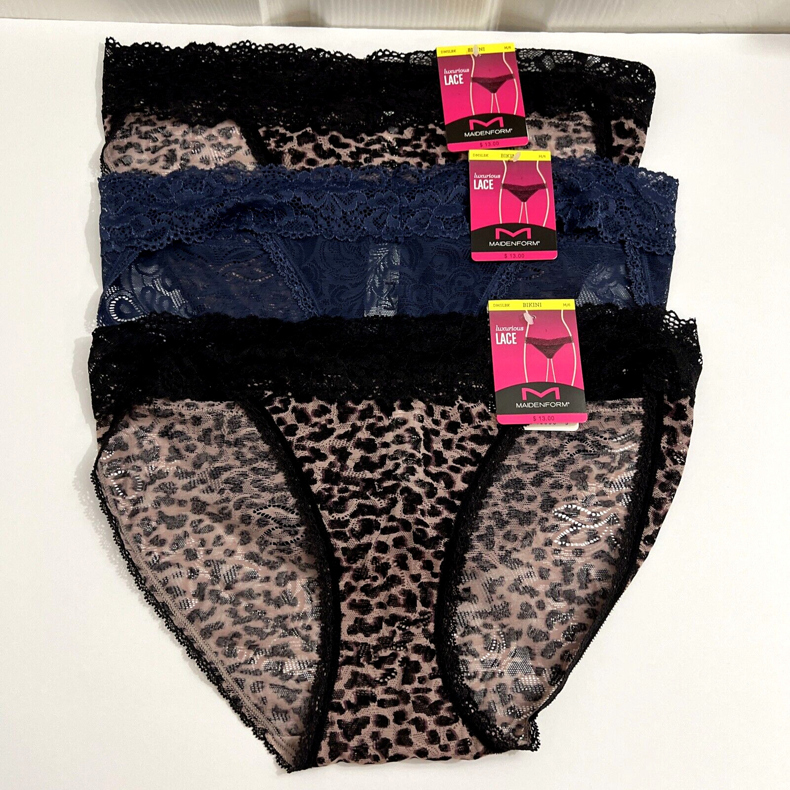 NEW Maidenform 3 Pairs Luxurious Lace Bikini Panties M/6 Multi-Color DMSLBK