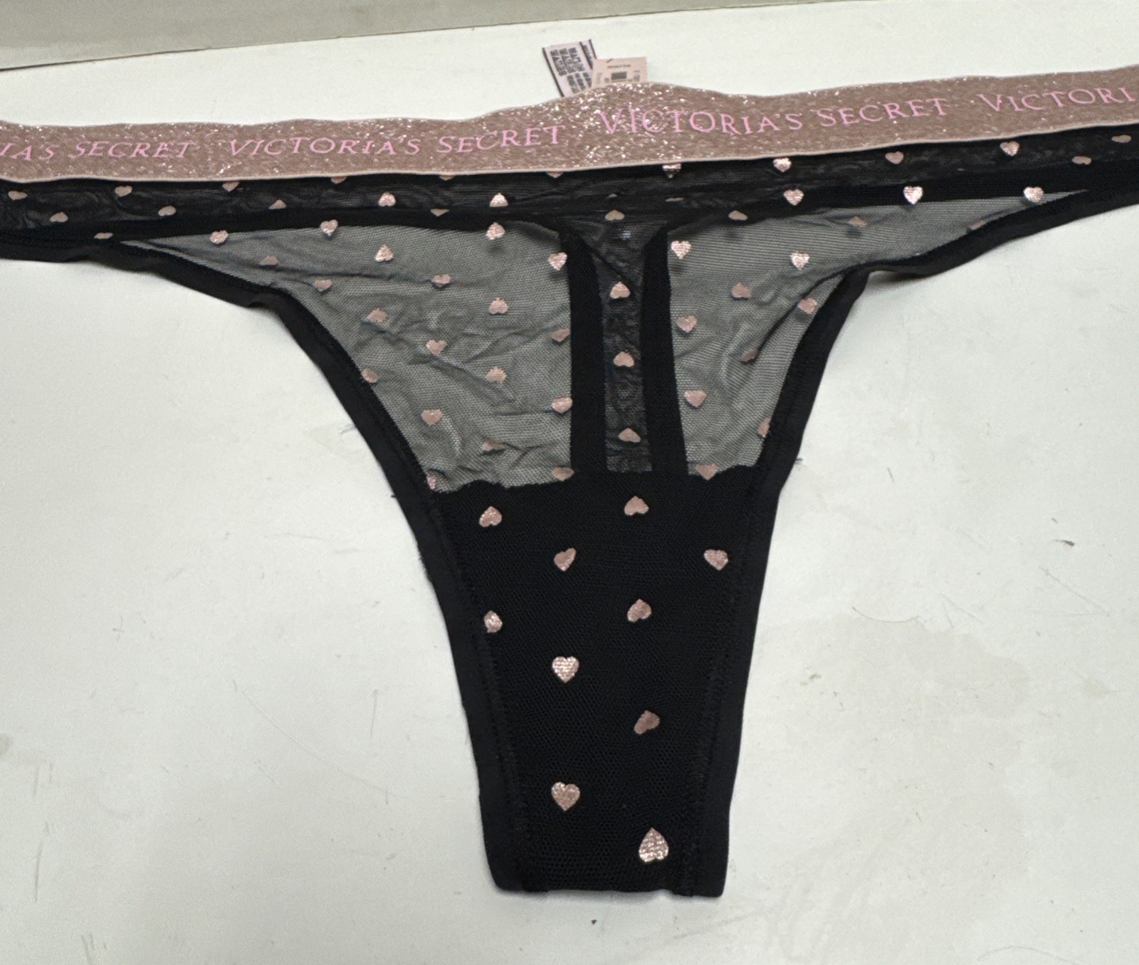 Victoria’s Secret Black Polyester Mesh Pink Glitter Band Thong Panties Sz XL New