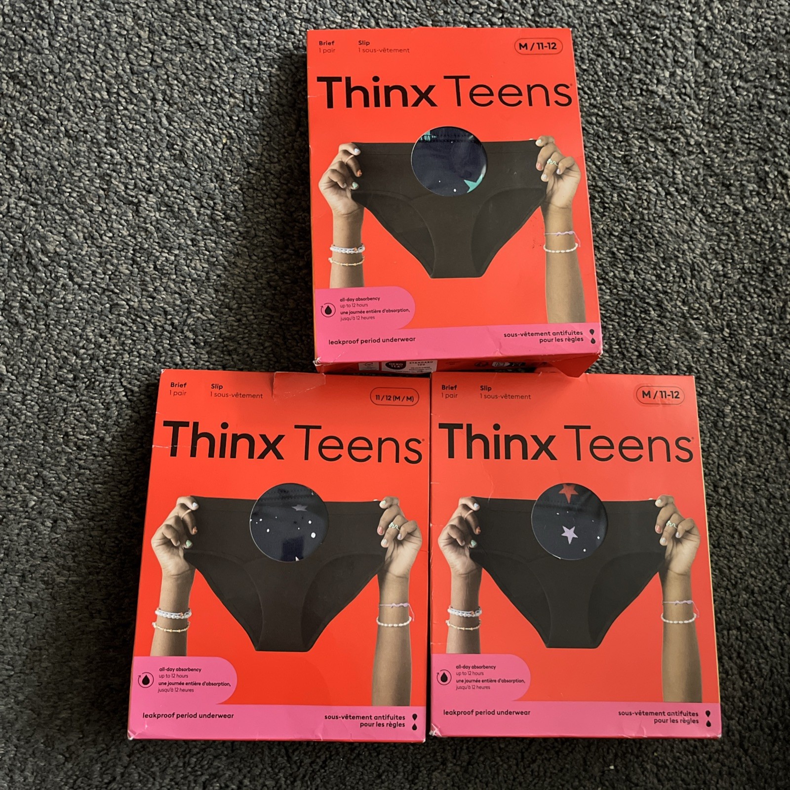 Thinx Teens Brief-Style Leakproof Period Underwear, Lucky Stars, M 11-12 3-Pack