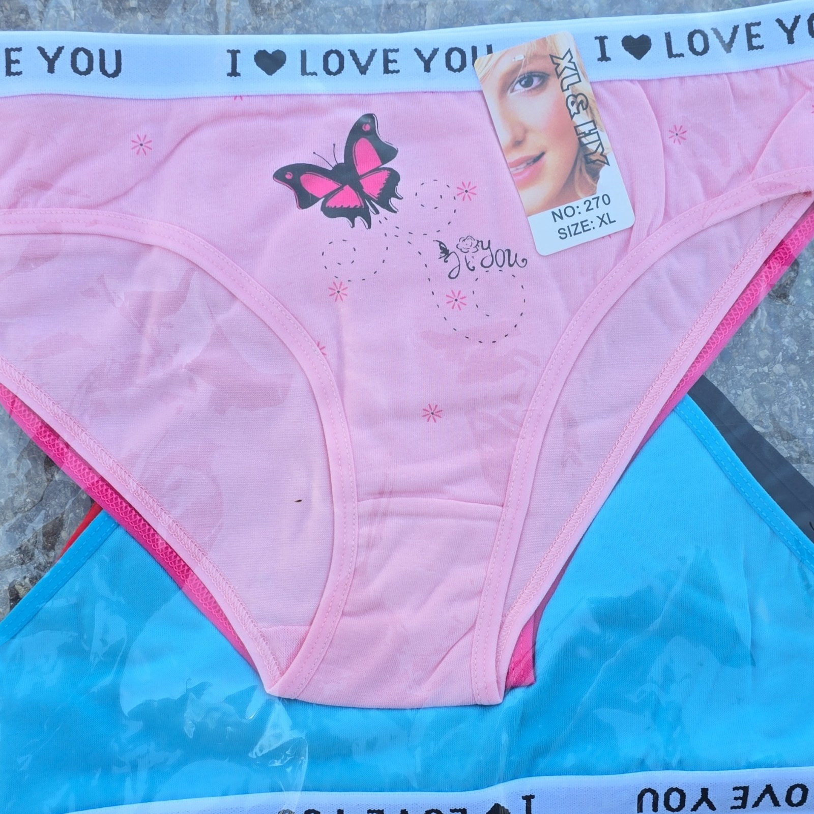 I LOVE YOU Women’s Bikini Panties XL Pink/Blue Cotton Butterfly Pattern 270