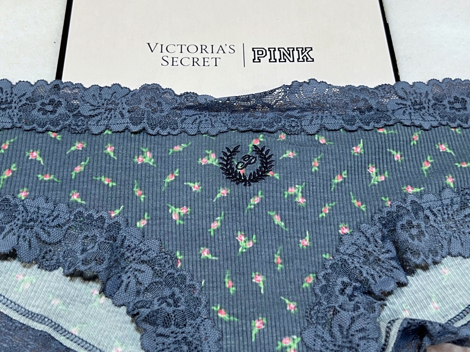 Victoria’s Secret Lace Trim Cheekster Panty Blue Rosebud College Laurel Logo NWT