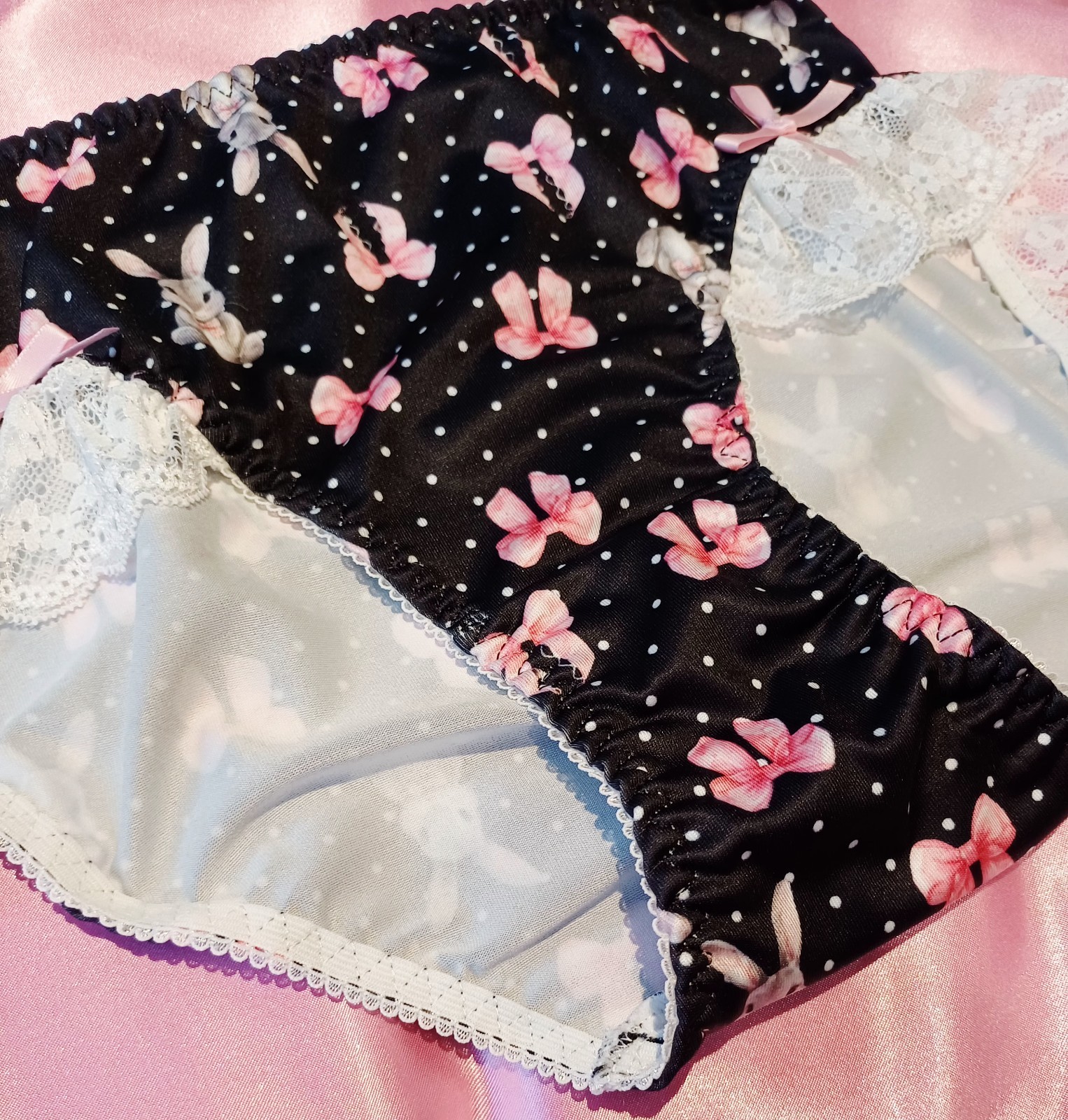 Cute Silky Stretchy Frilly Bunny Bows Polka Dot Sissy Panties Knickers L 12-14