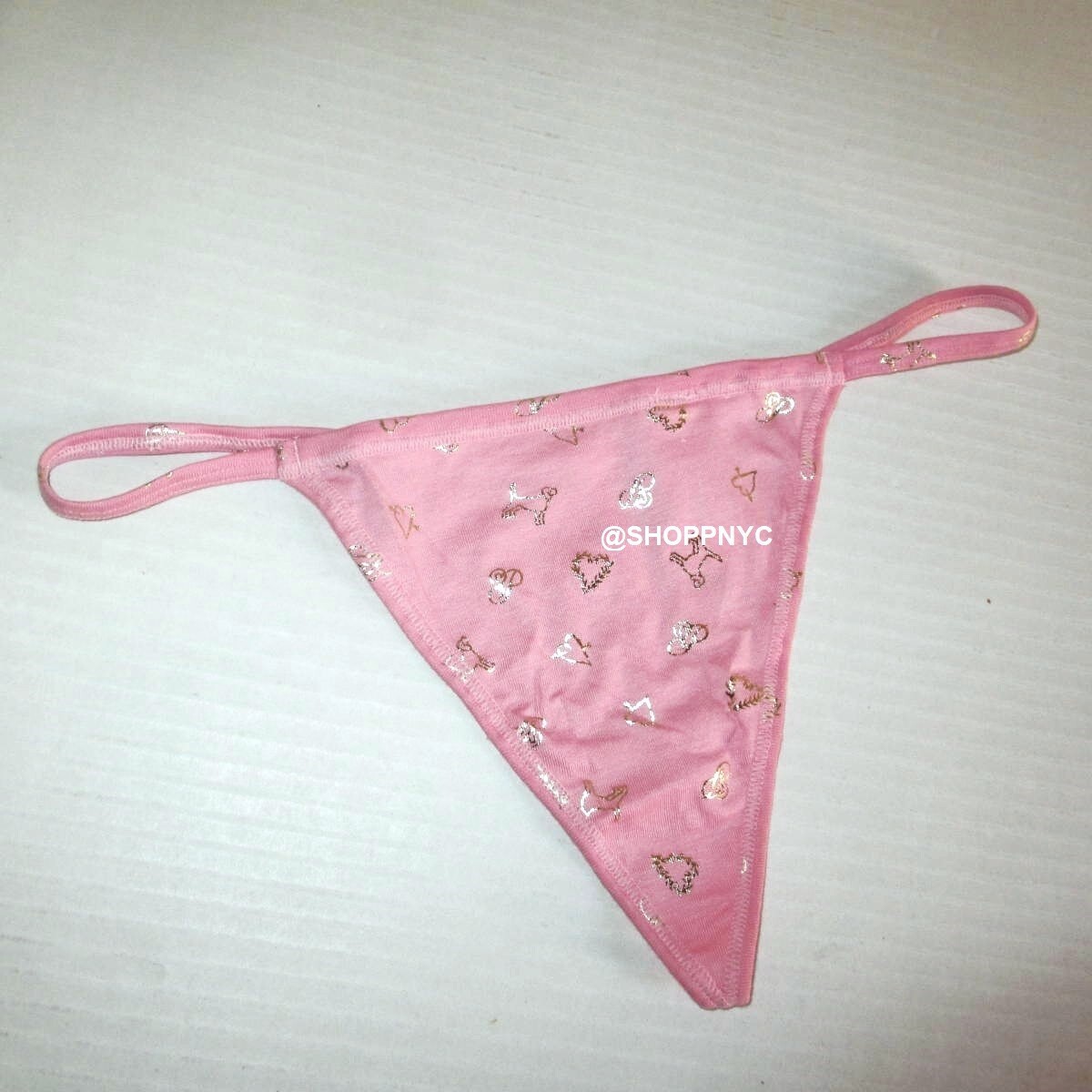 PINK Victoria Secret Cotton V-String Thong Panty Sz L Pink Gold Hearts Logo Soft