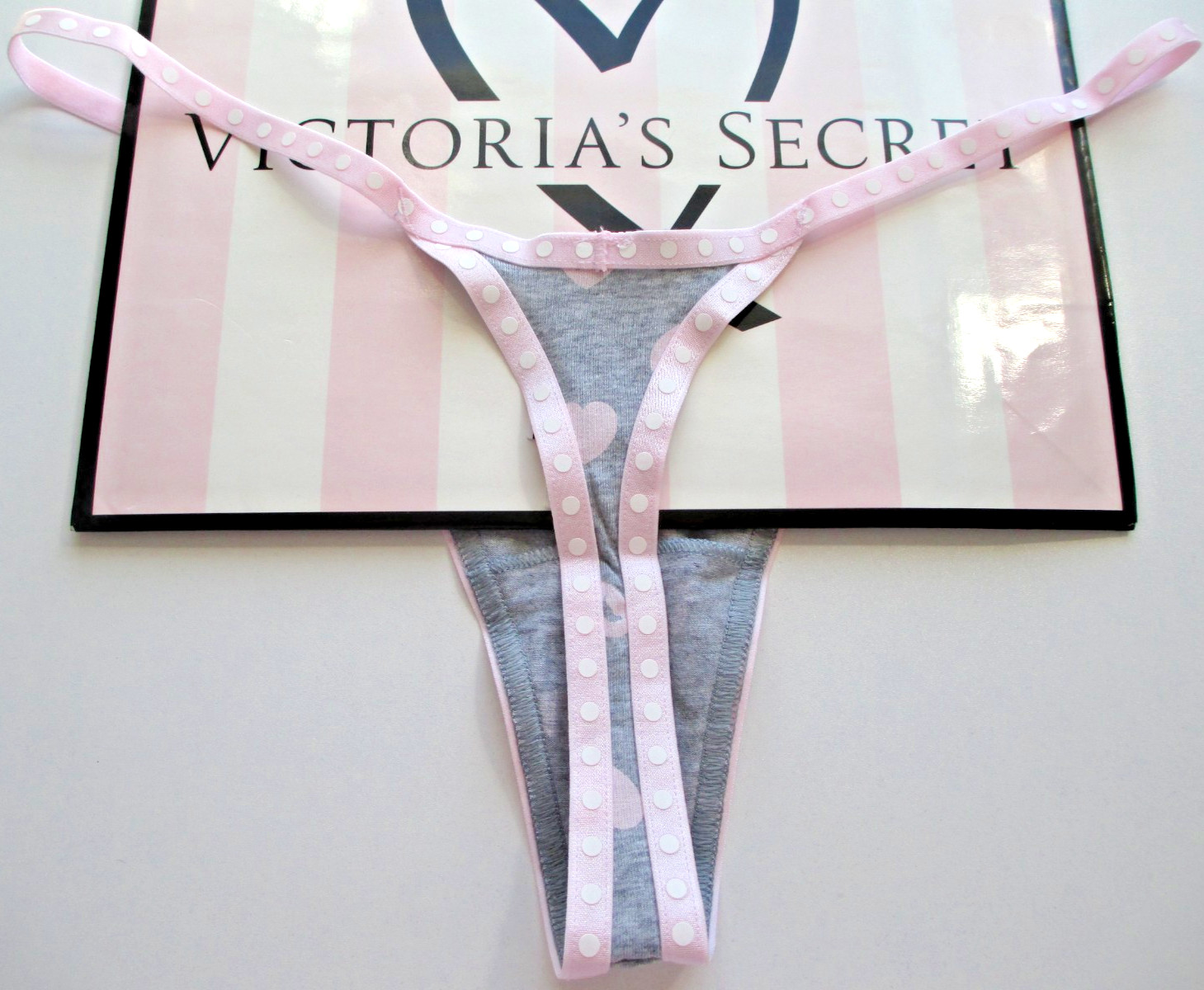VICTORIA’S SECRET PINK Cotton High Leg Thong Panty S M L XL Gray Polka Dot Heart