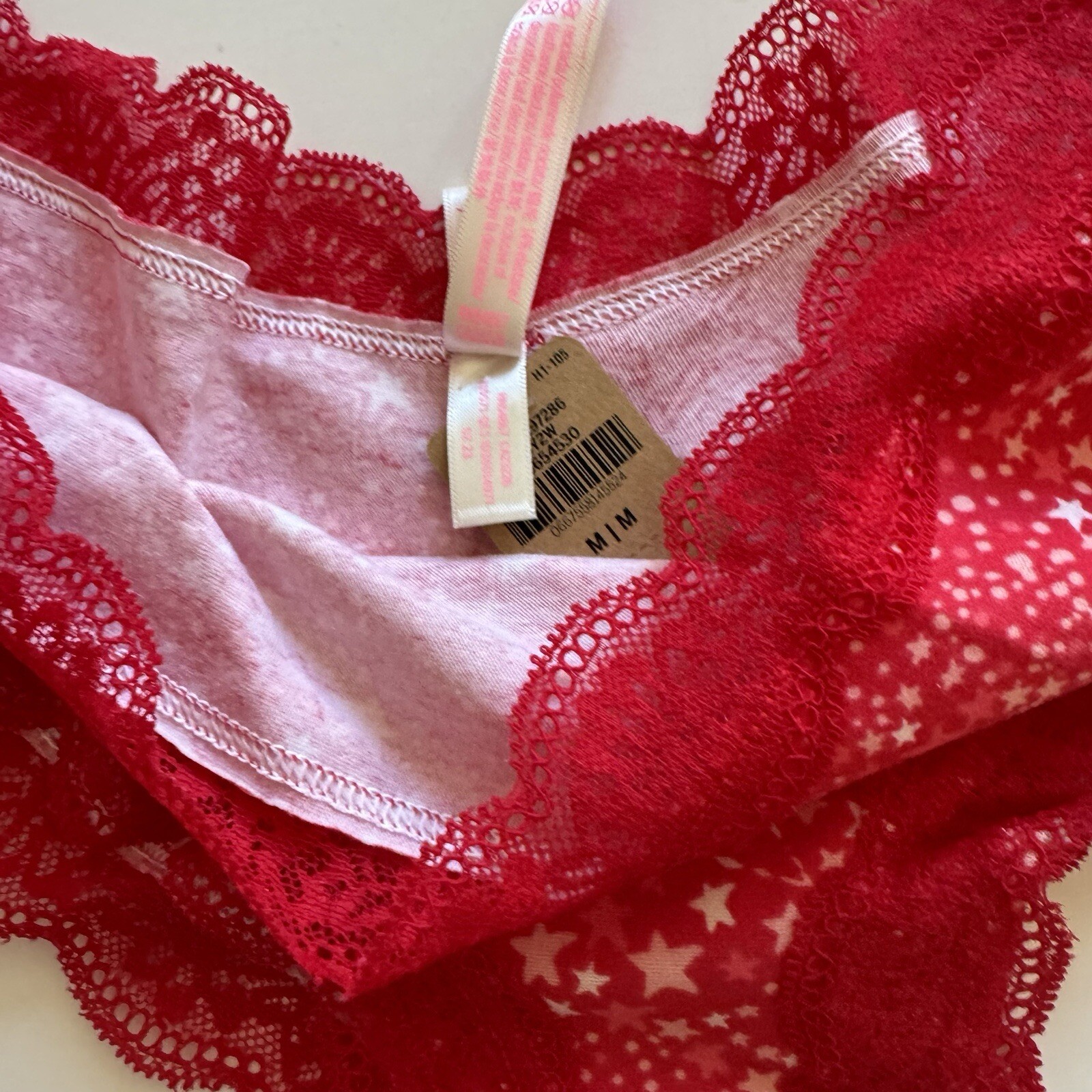 Victoria’s Secret PINK Cheeky PANTY Medium Lace Trim Red White Stars