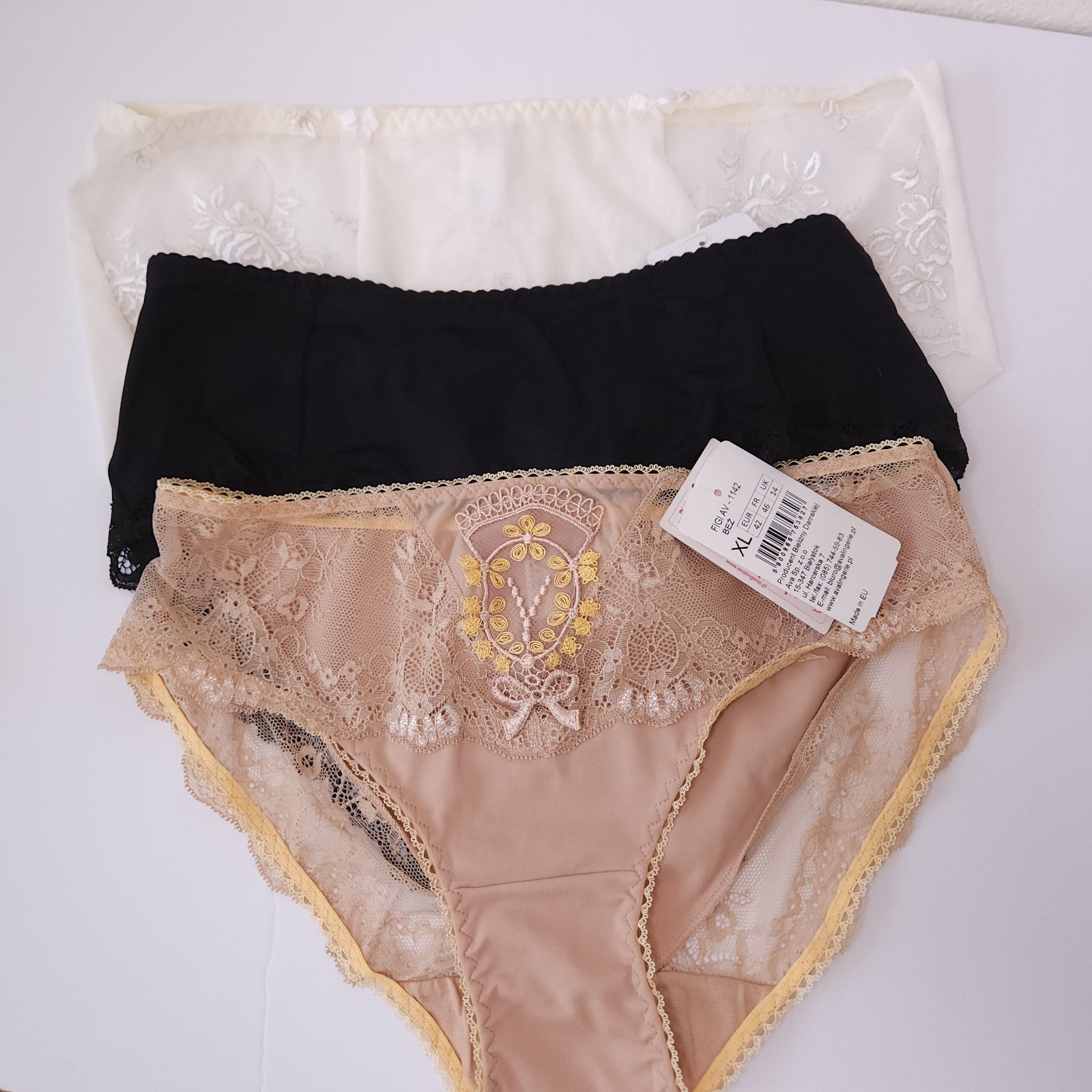 XL bikini panties, set of 3, European lingerie, cream, black, beige panties