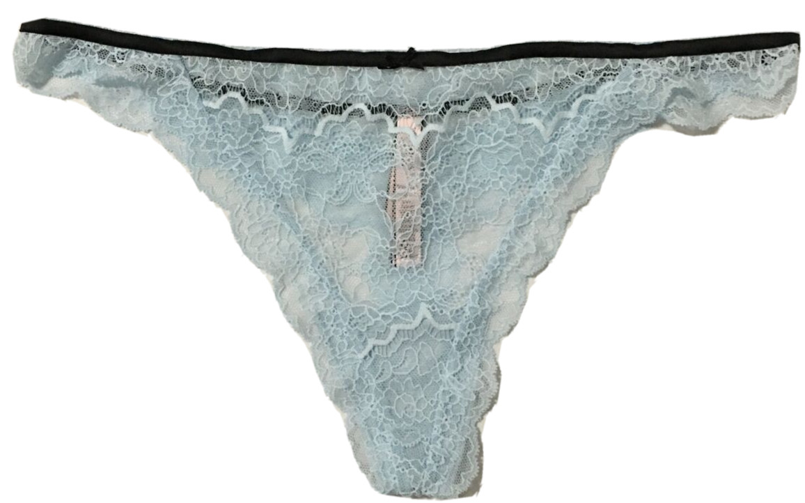 Victorias Secret Dream Angel Powder Blue Lace Thong Panty XL Black Ribbon Trim