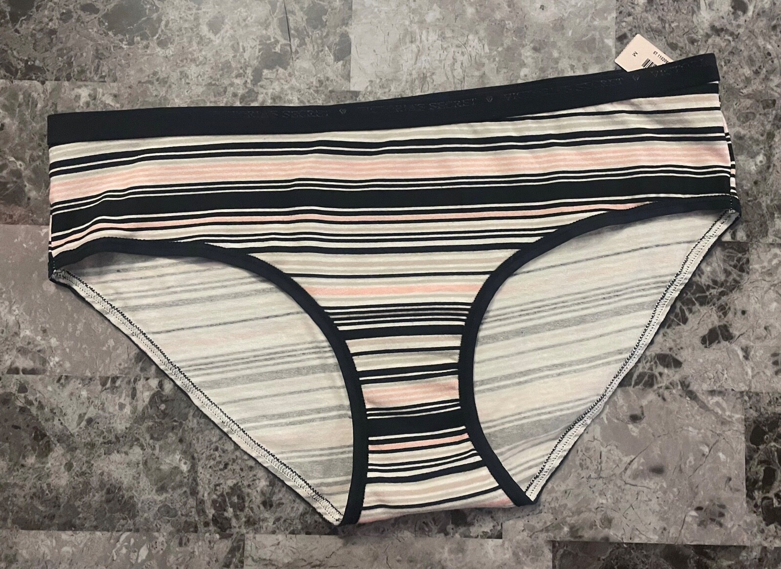 NWT VICTORIA’S SECRET M PINK GRAY BLACK STRIPE LOGO BAND RARE HIPHUGGER PANTIES