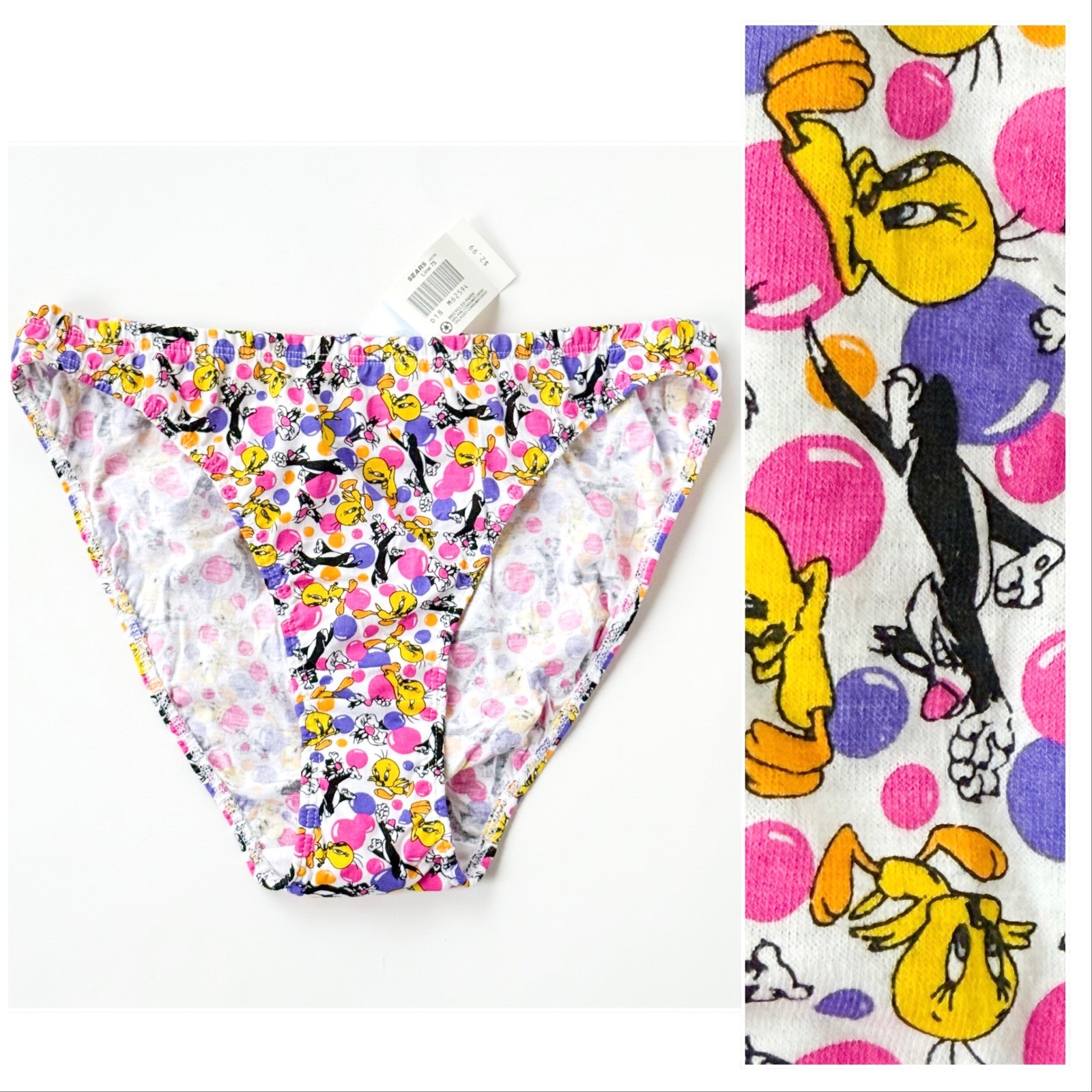 Vtg 90s Looney Tunes Bubble Tweety Bird Sylvester Bikini Panties Women’s 7 S NOS