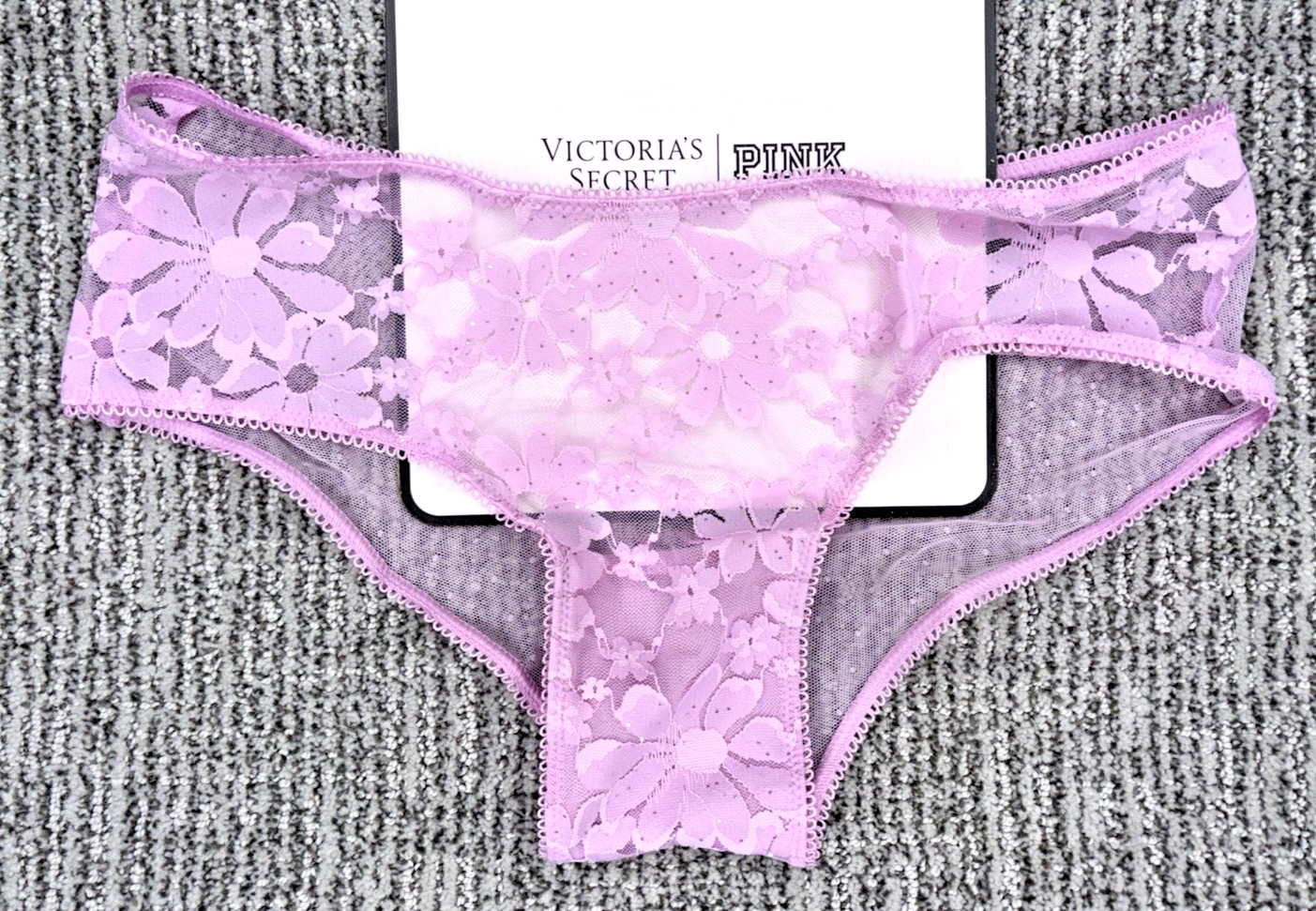 Victoria’s Secret PINK NWT Small Purple Sequin Lace Cheeky Panty Sheer Sexy Wink