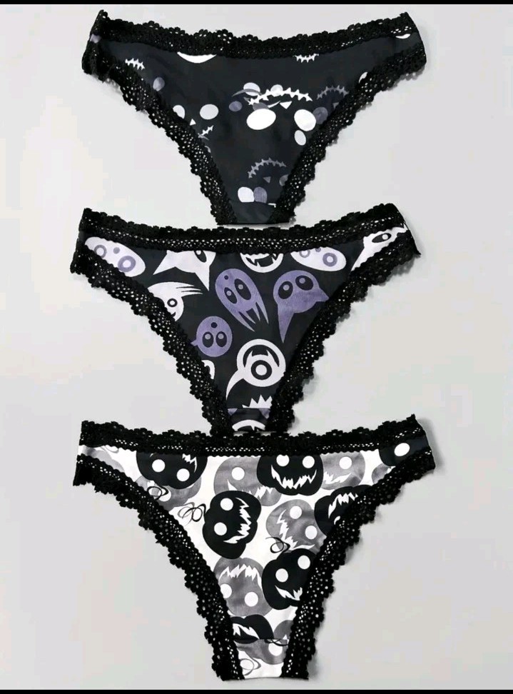 (44) 3 Black Lace Stitching Mid Waist Sexy Halloween Briefs Size 16 UK XL