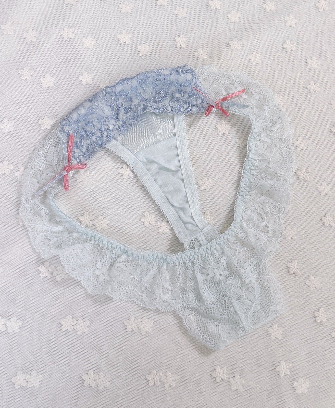 US-S Japanese Brand 美匠 Satin Bow Floral Embroidered Lace Ruffle Nylon Thong