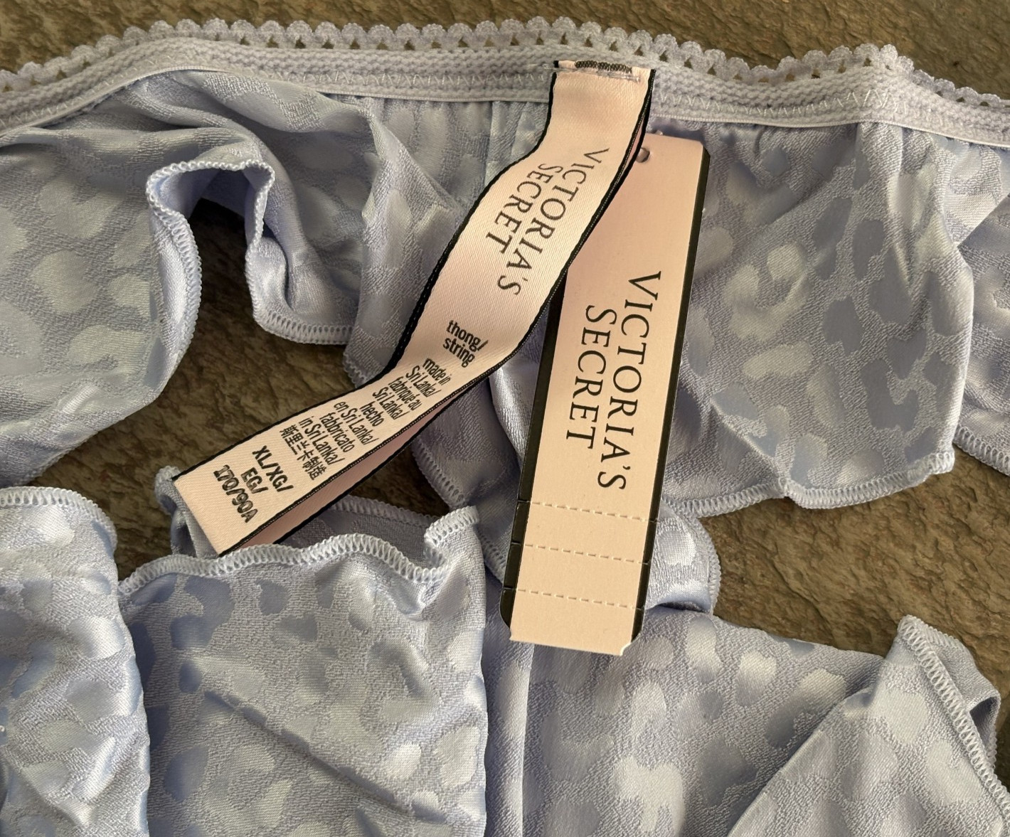 VICTORIA’S SECRET XL Leopard Lavender Lilac Satin Ruffled Thong Panties NWT