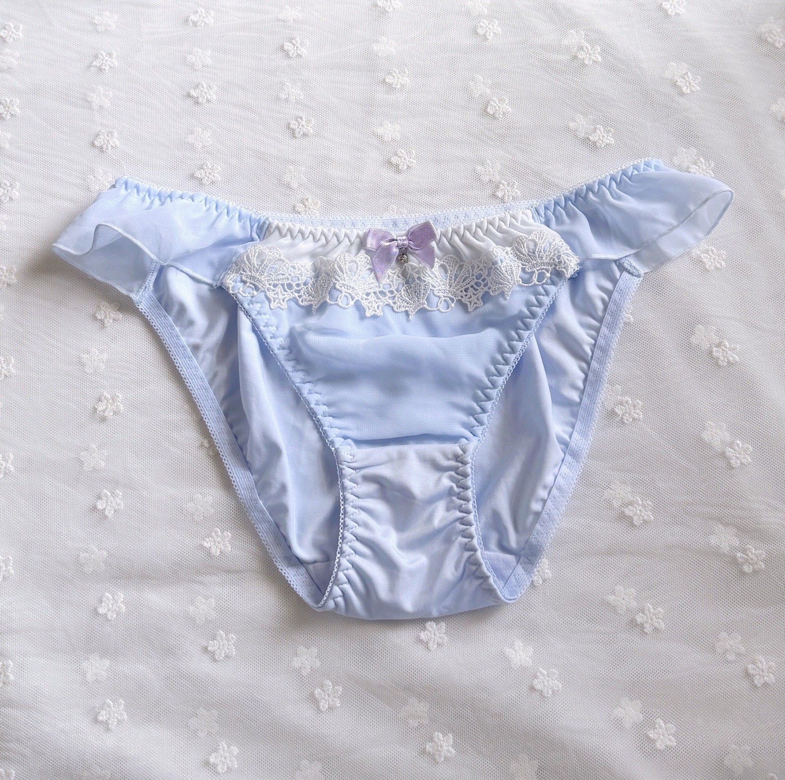 US-S Japanese Cute Bow Sea Shell Embroidered Chiffon Ruffle Waist Nylon Panties