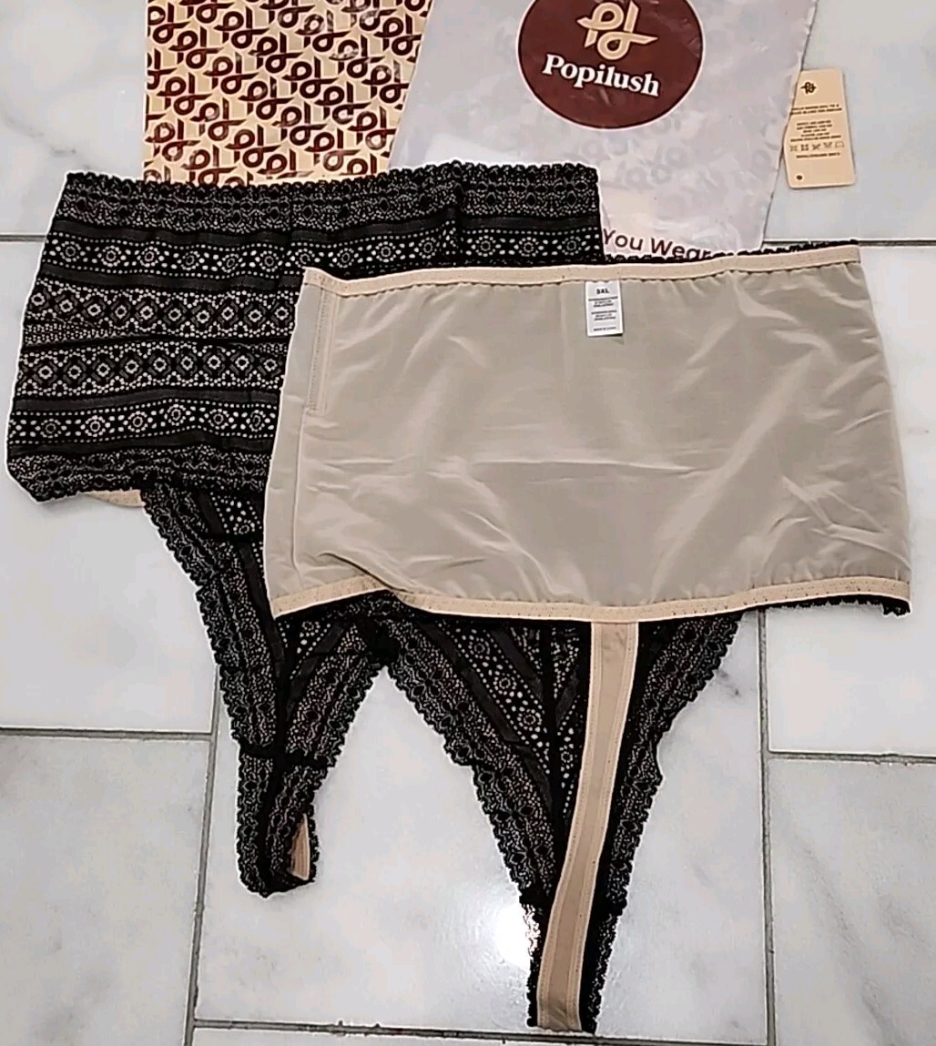 2- Popilush Shapewear Panties High-waisted Underwear Lace Thong Black (3XL)