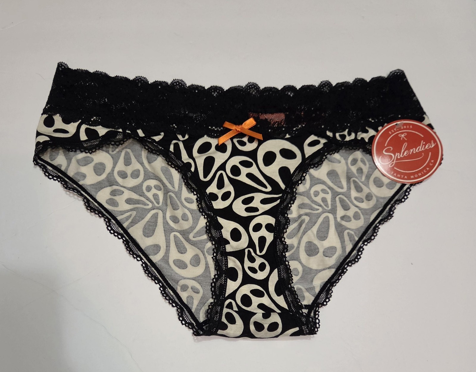 Splendies Panties Womens Large Black Ghost Print Lace Bikini Briefs Halloween