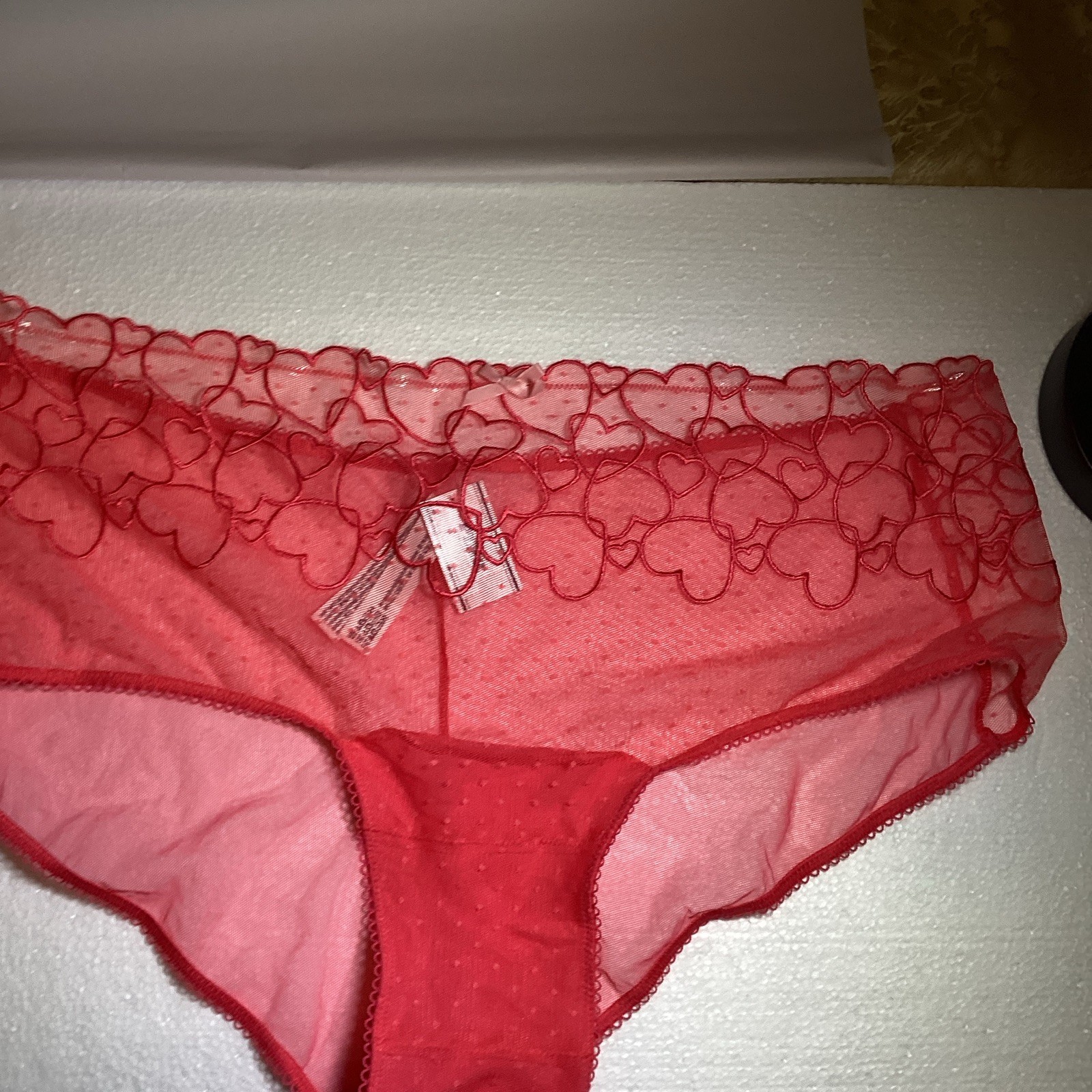 PINK Women’s Pink Sheer Stretch Mesh Heart Pattern Hipster Panties, Size L