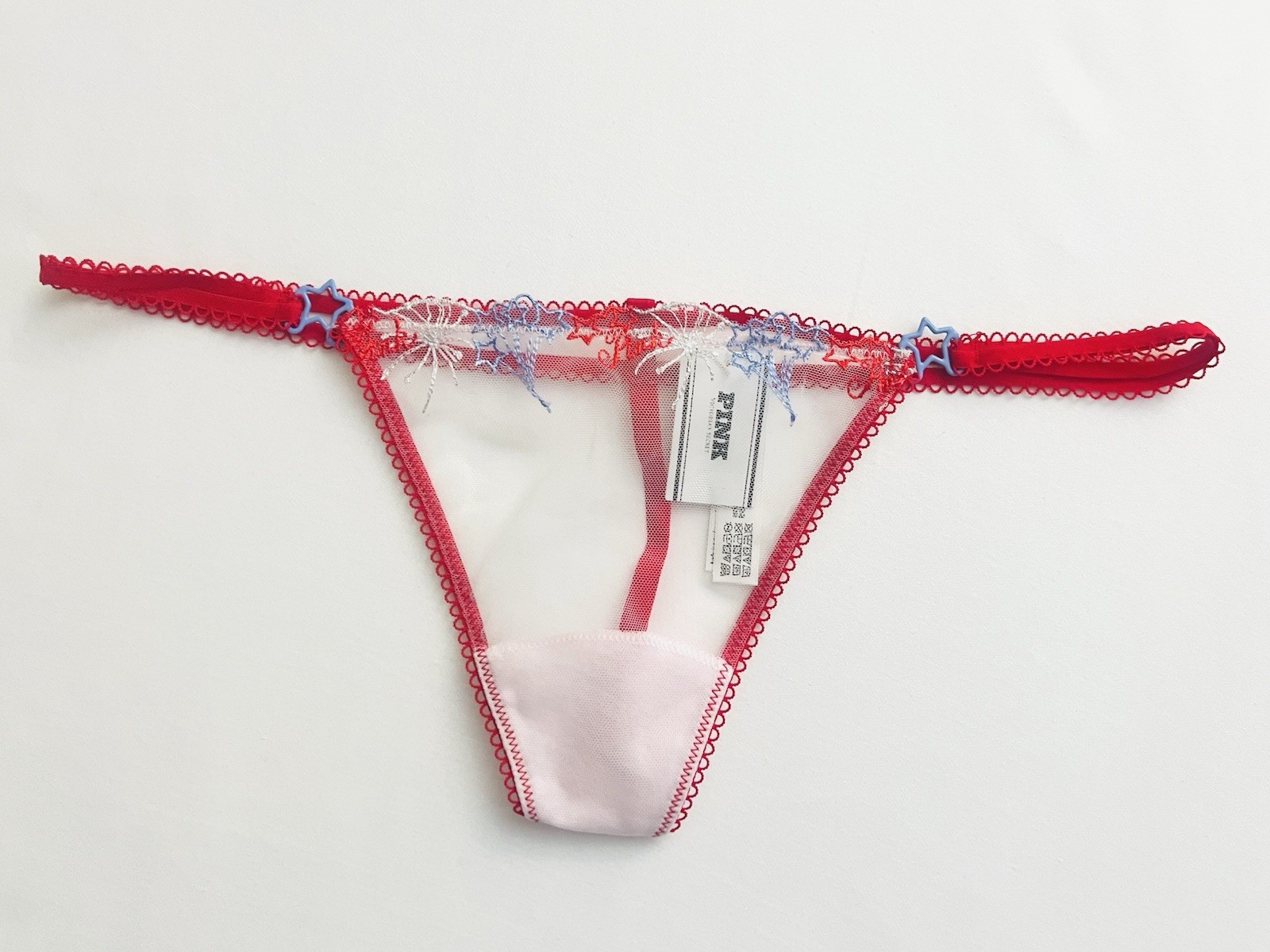 Victoria’s Secret PINK Thong Panty Sheer Mesh Red White Blue Star Detail NWT S