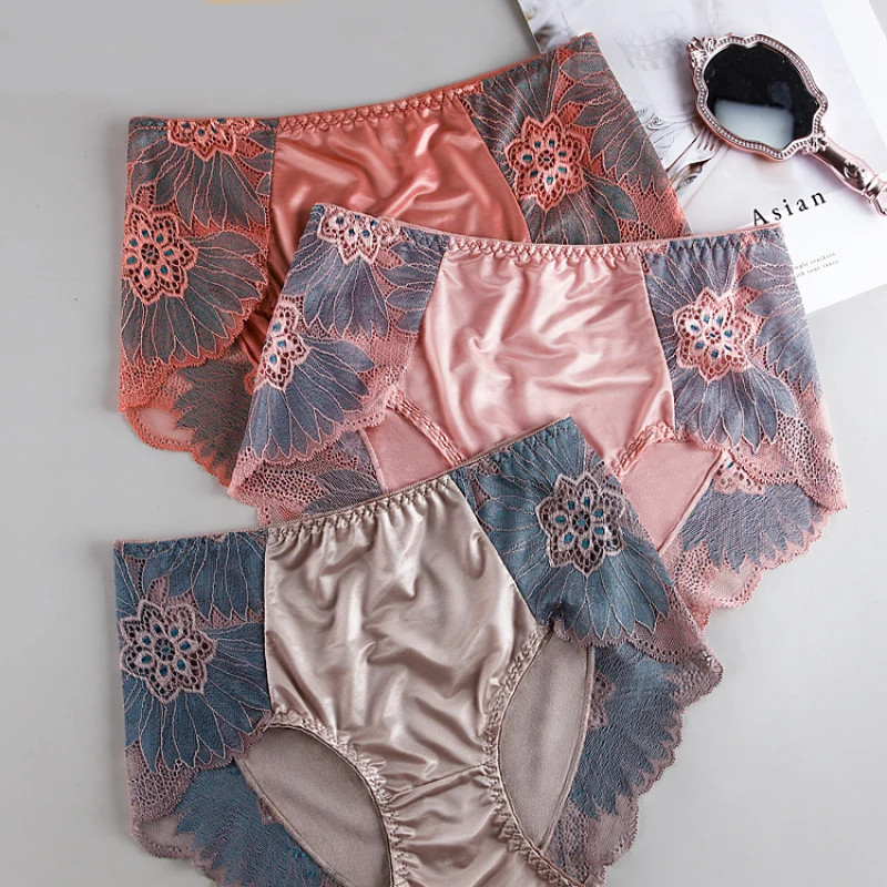 Floral Embroidery Briefs Mid Rise Satin Feel Breathable Panties Women Soft
