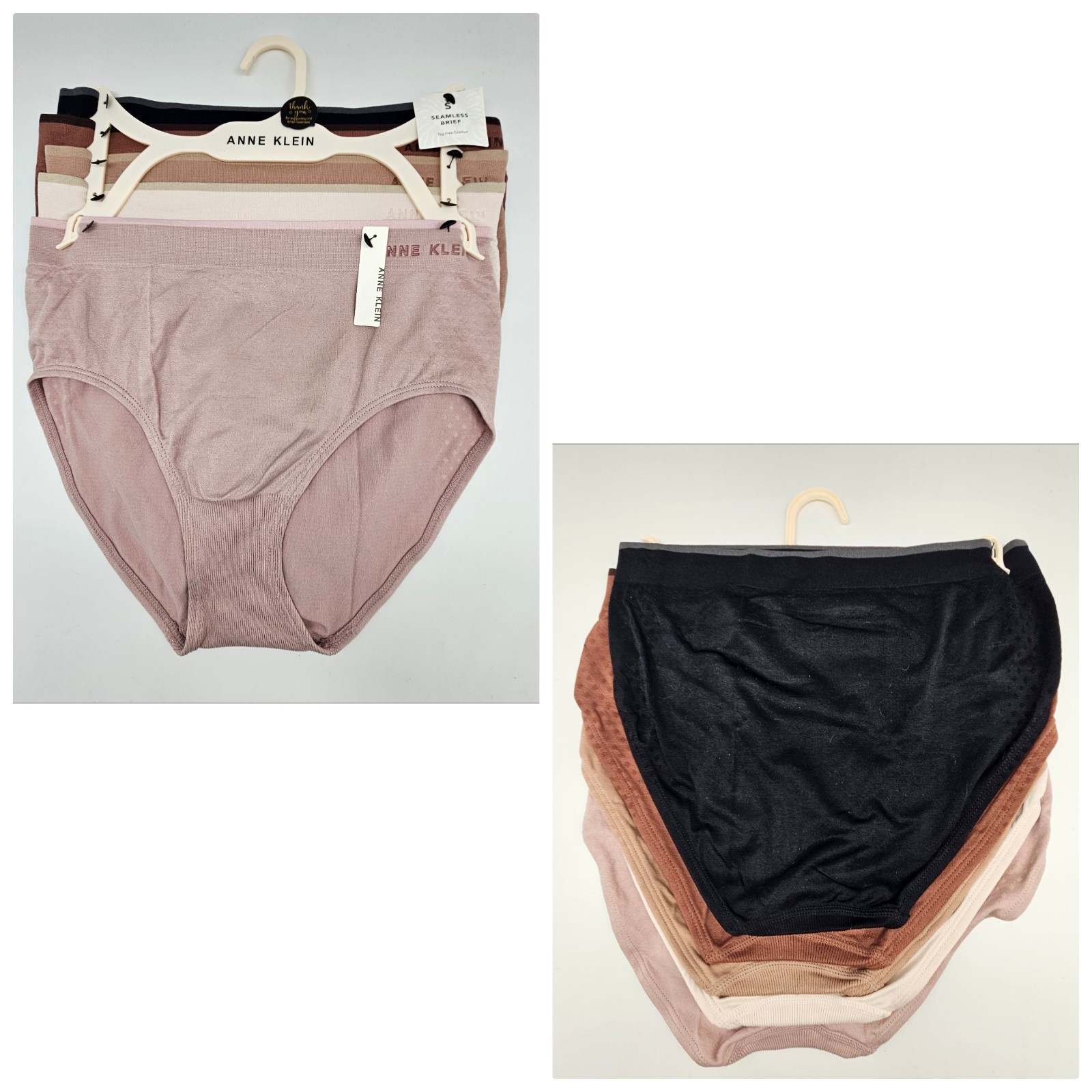 ANNE KLEIN 5 Pk Women ‘s Medium Seamless Briefs Panties Black Brown Beige Pink