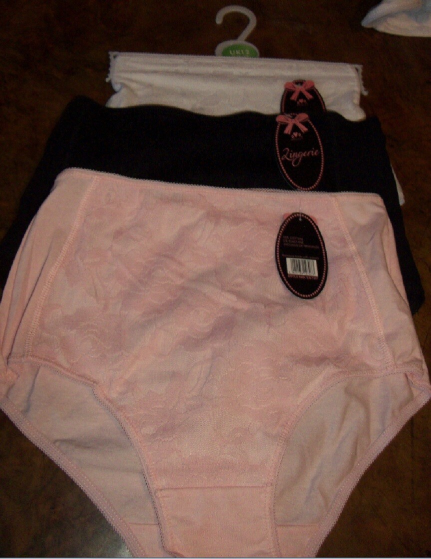Sale Ladies Cotton Elastane Knickers With Lace Front Black 12 14 & 16