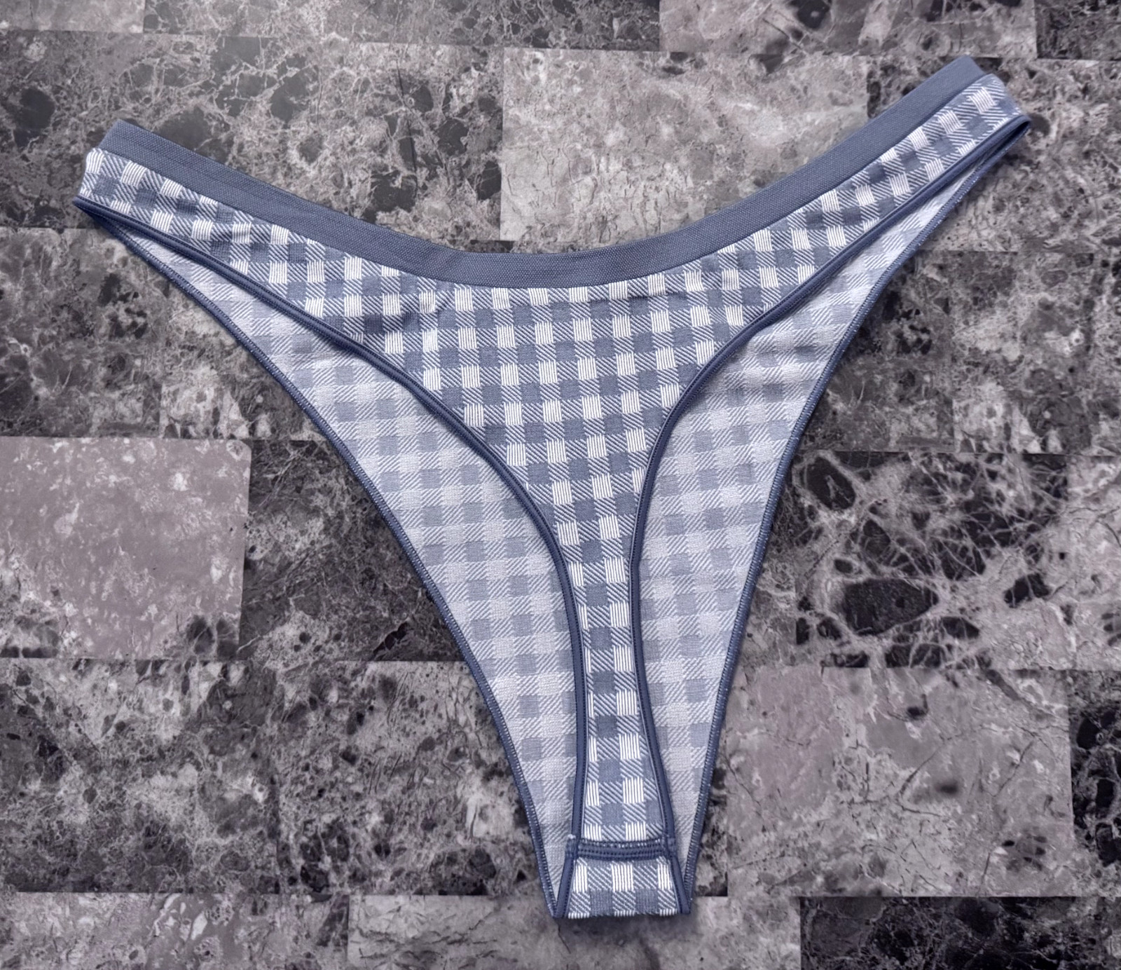 NWT VICTORIA’S SECRET PINK BLUE GINGHAM PLAID SEAMLESS HIGH LEG THONG PANTIES