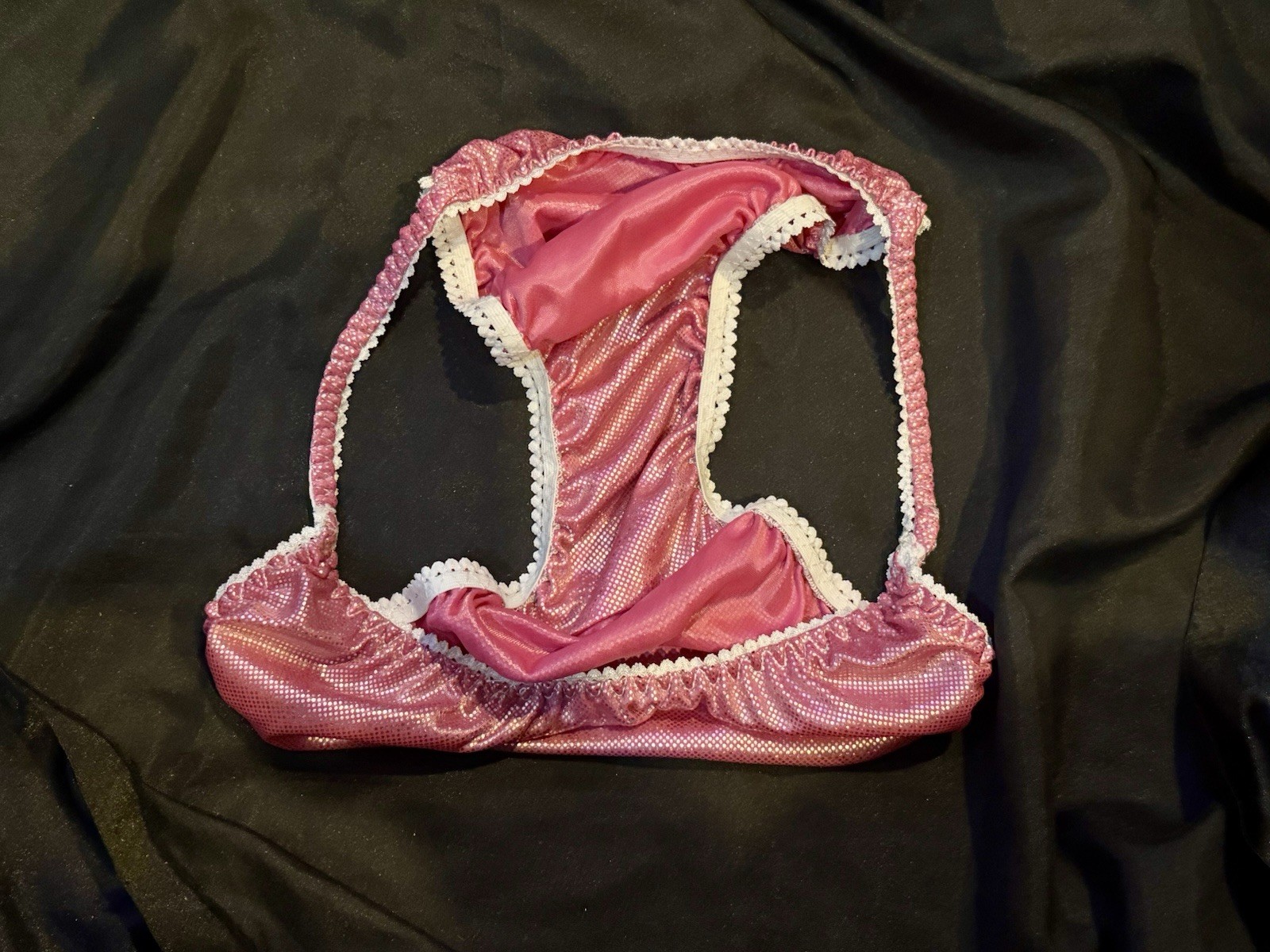 VTG pink silver Shiny Sissy Satin String Bikini Panties Large Gusset Pouch Mens