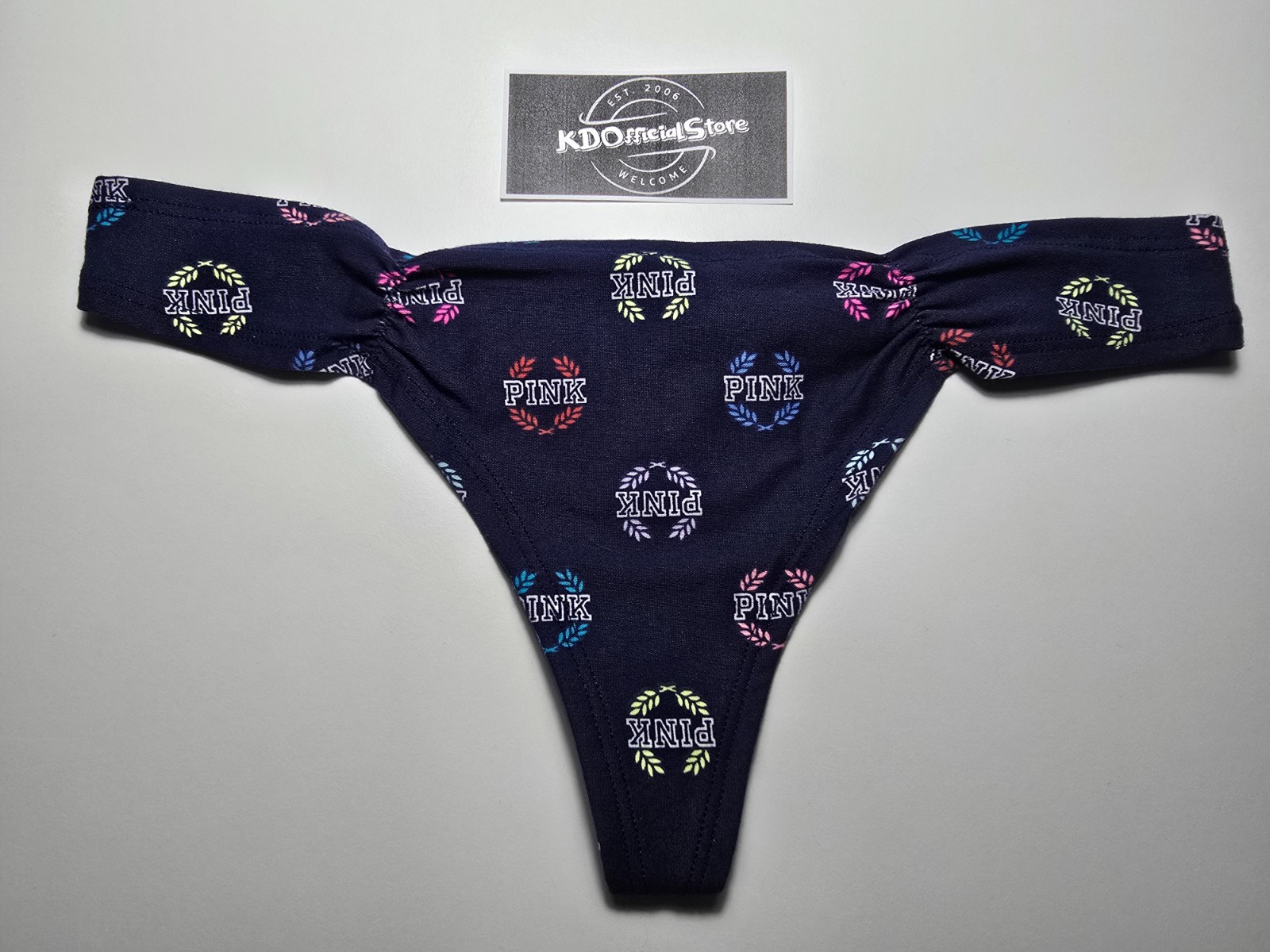 M Victoria’s Secret PINK Rare Vintage Logo Ruched Thong Panties Navy Blue NWOT
