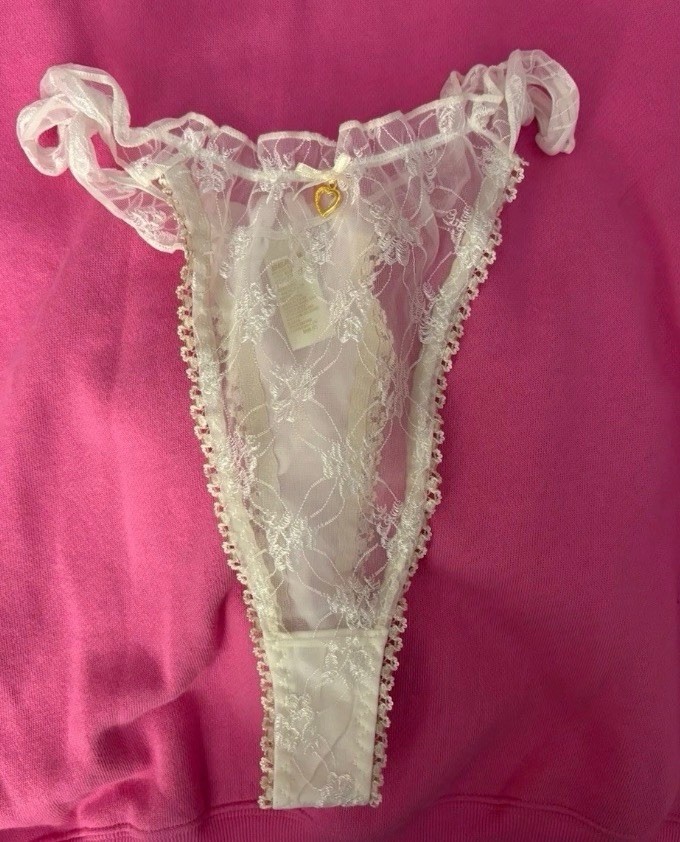 Vintage Sears white Ivory Floral Mesh Thong Panties L charm satin frilly 80’s