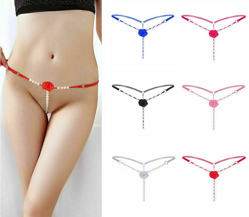Sexy Women Crotchles Flower Panty Lace Pearl Thong G-string Lingerie Underwear