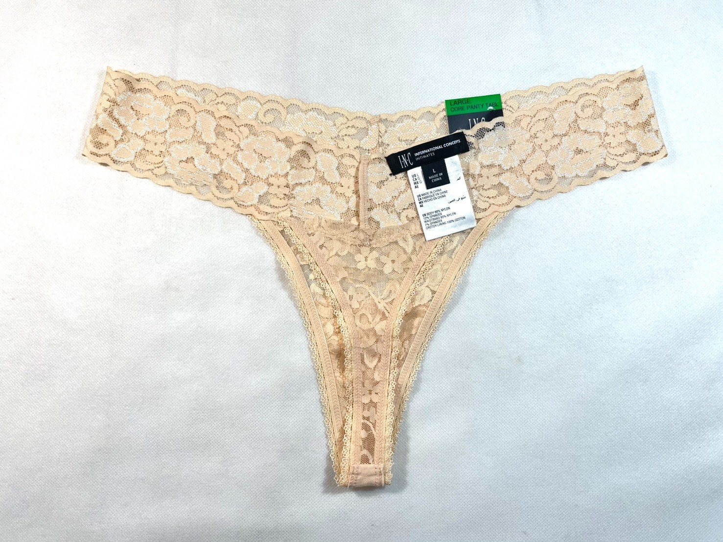 NWT INC International Concepts Women’s L Lace Thong Underwear, Almond