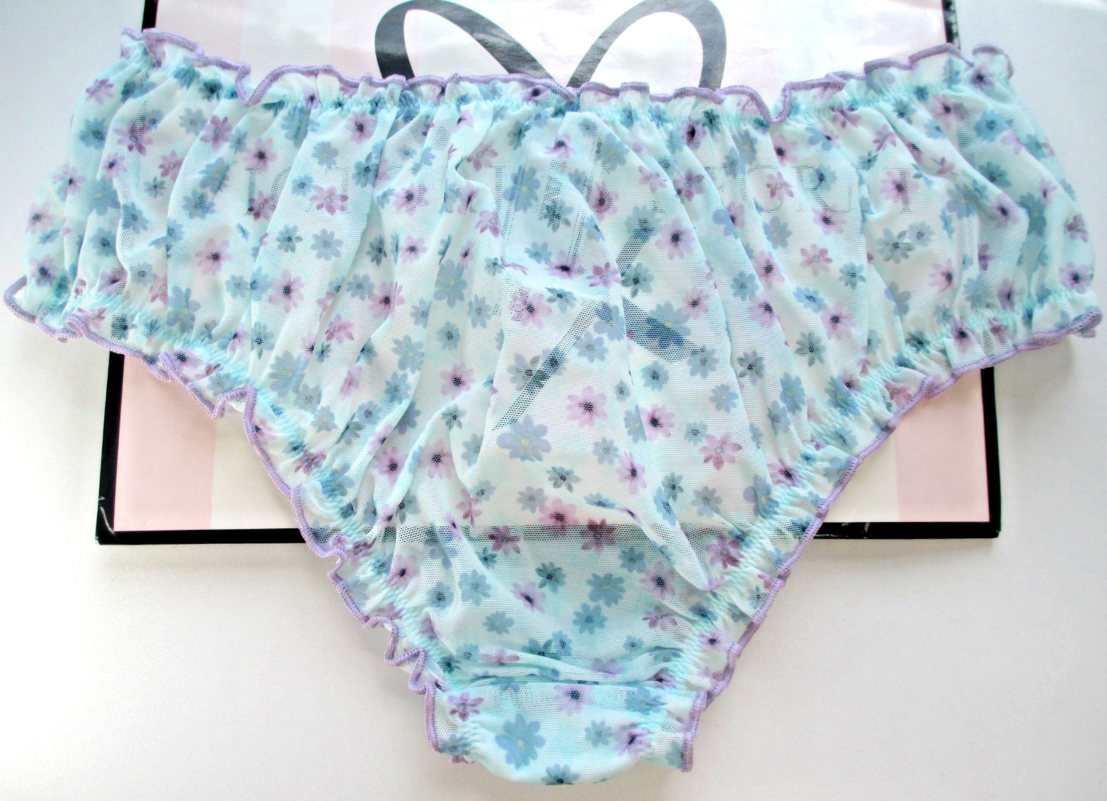 VICTORIA’S SECRET PINK Cheeky Panty S M L Blue Floral NWT Flutter Ruffle Mesh VS
