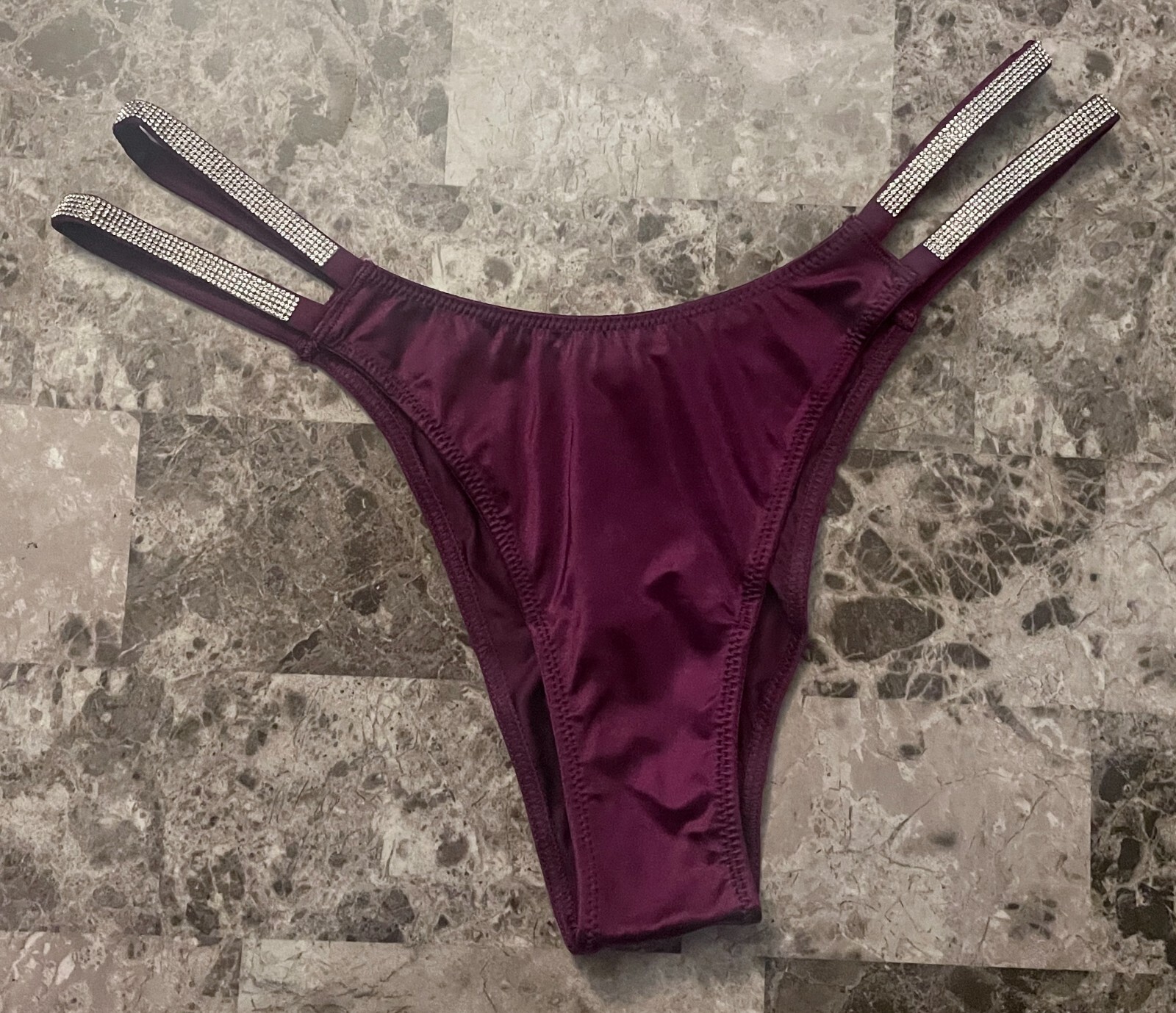 VICTORIA’S SECRET PURPLE SMOOTH RHINESTONE DOUBLE SHINE STRAP BRAZILIAN PANTIES