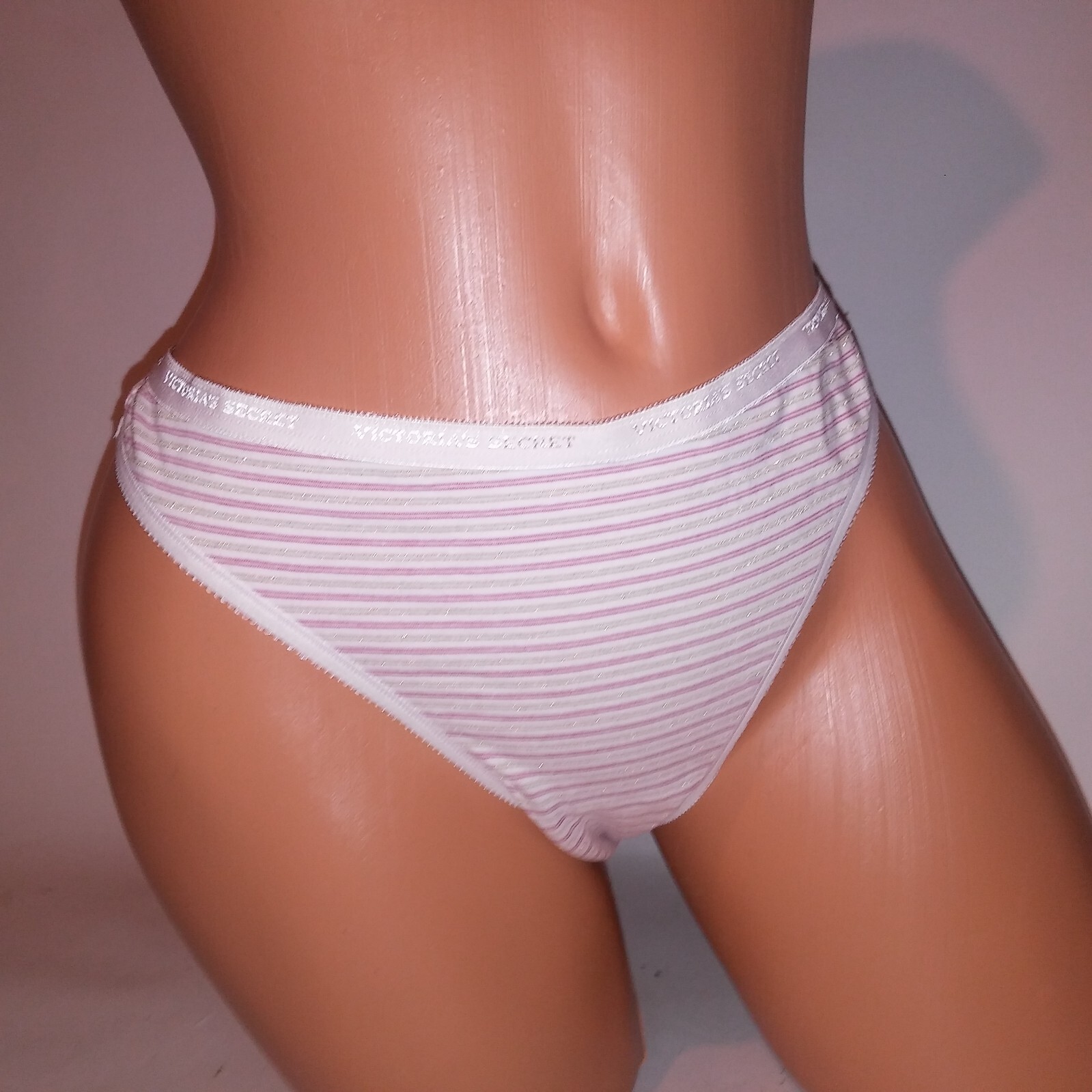 Victoria Secret Panty Thong Large Cream Pink Gold Stripe Signature Logo Trim New