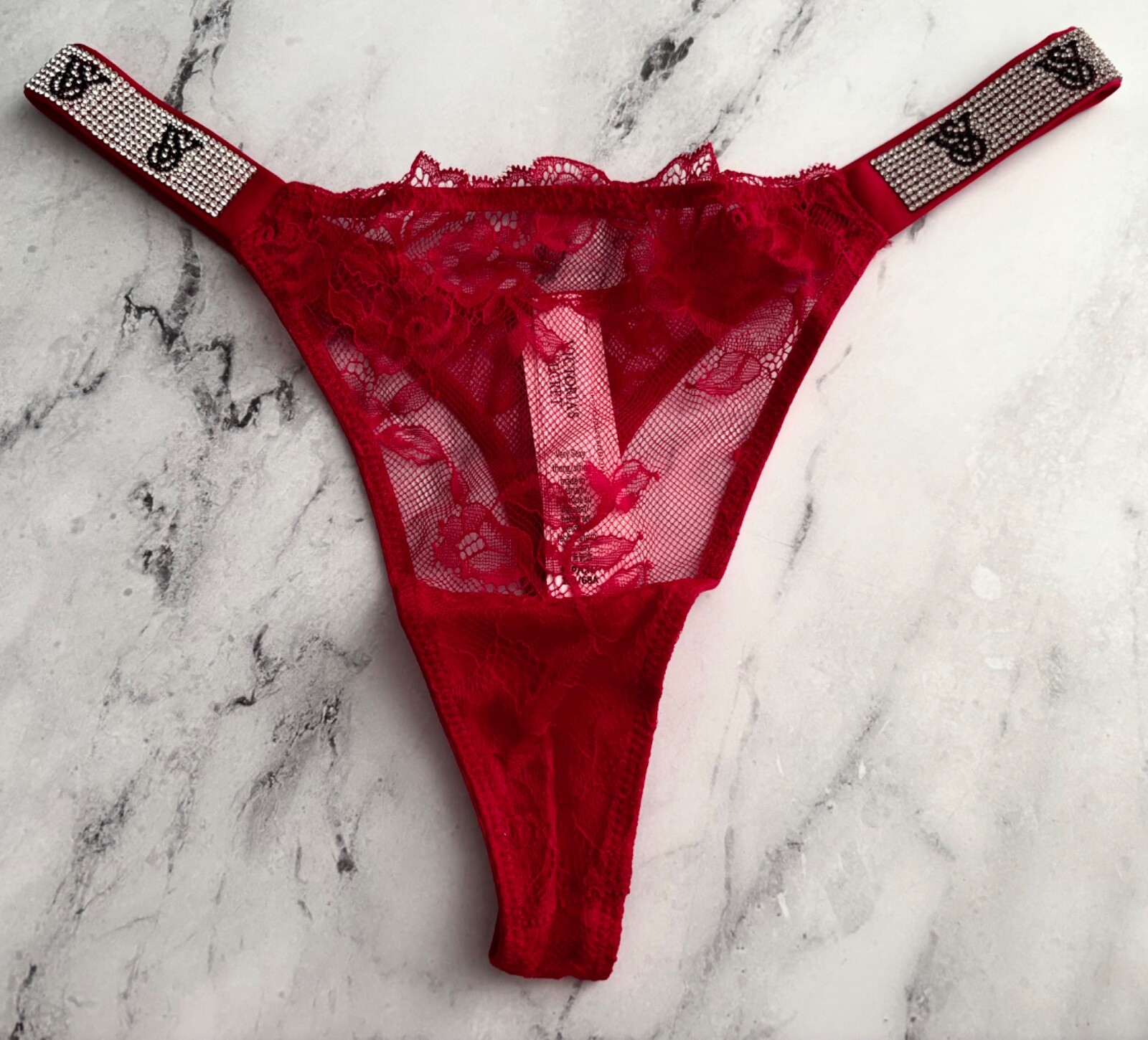 Victoria’s Secret Thong Panty Very Sexy Lipstick Red VS Lace Shine Strap S M L