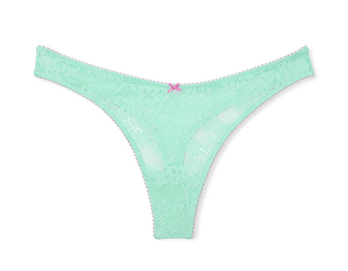 VICTORIA SECRET Tease High Leg Thong Panty Aqua Blue Lace Waterfall Pink Bow S L