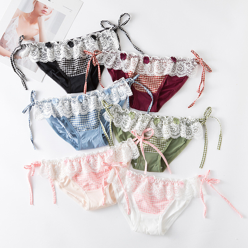 Ladies Check Panties Lace Up Thong Underwear French Knickers Briefs Lolita Cute