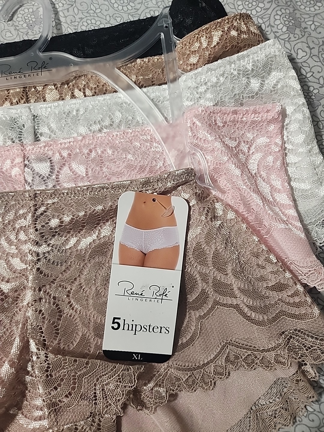 XL Rene Rofe Hipsters 5 Pack Tan White Pink Black Cream Lace Floral Design