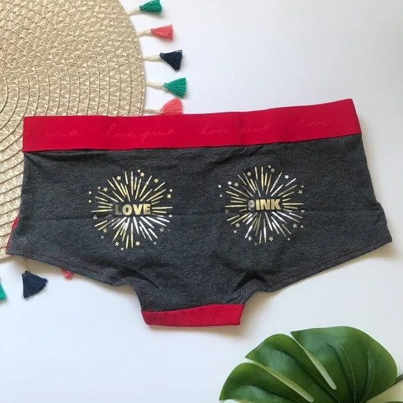 Victoria’s Secret PINK Logo Boyshorts Panty Red Gray Firework Graphic Medium NEW