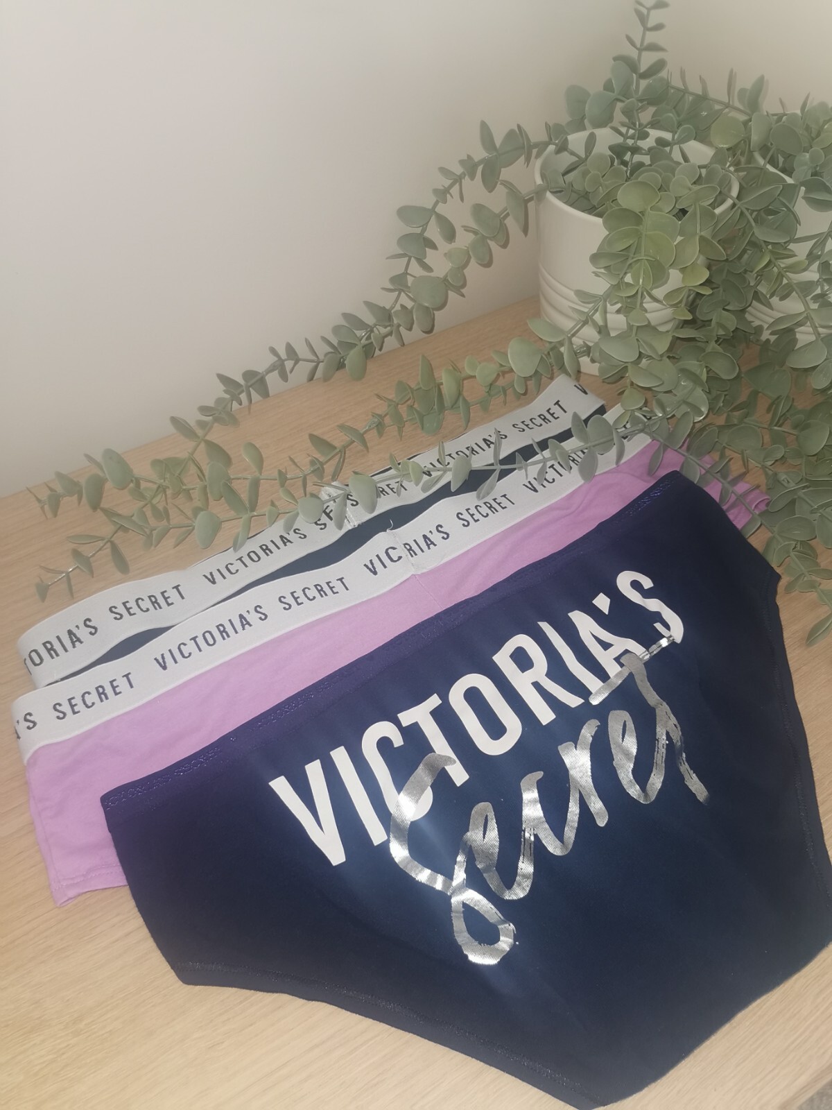 Victoria’s Secret Knickers X3 Black Navy Purple Branded Elasticated Band. UK L