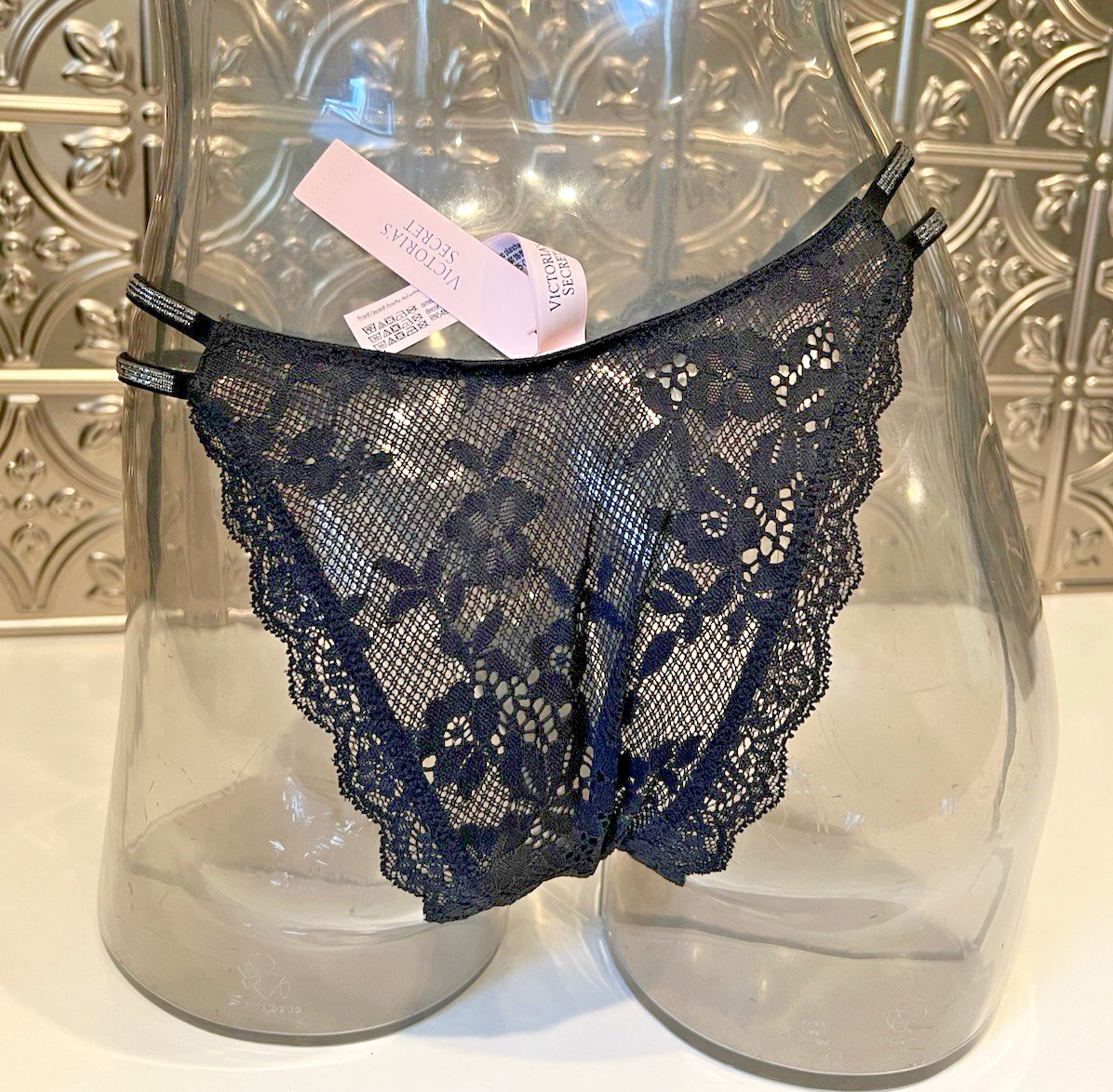 Victoria’s Secret Double Shine Strap Lace BRAZILIAN Panty Sz M BLACK NWT$24