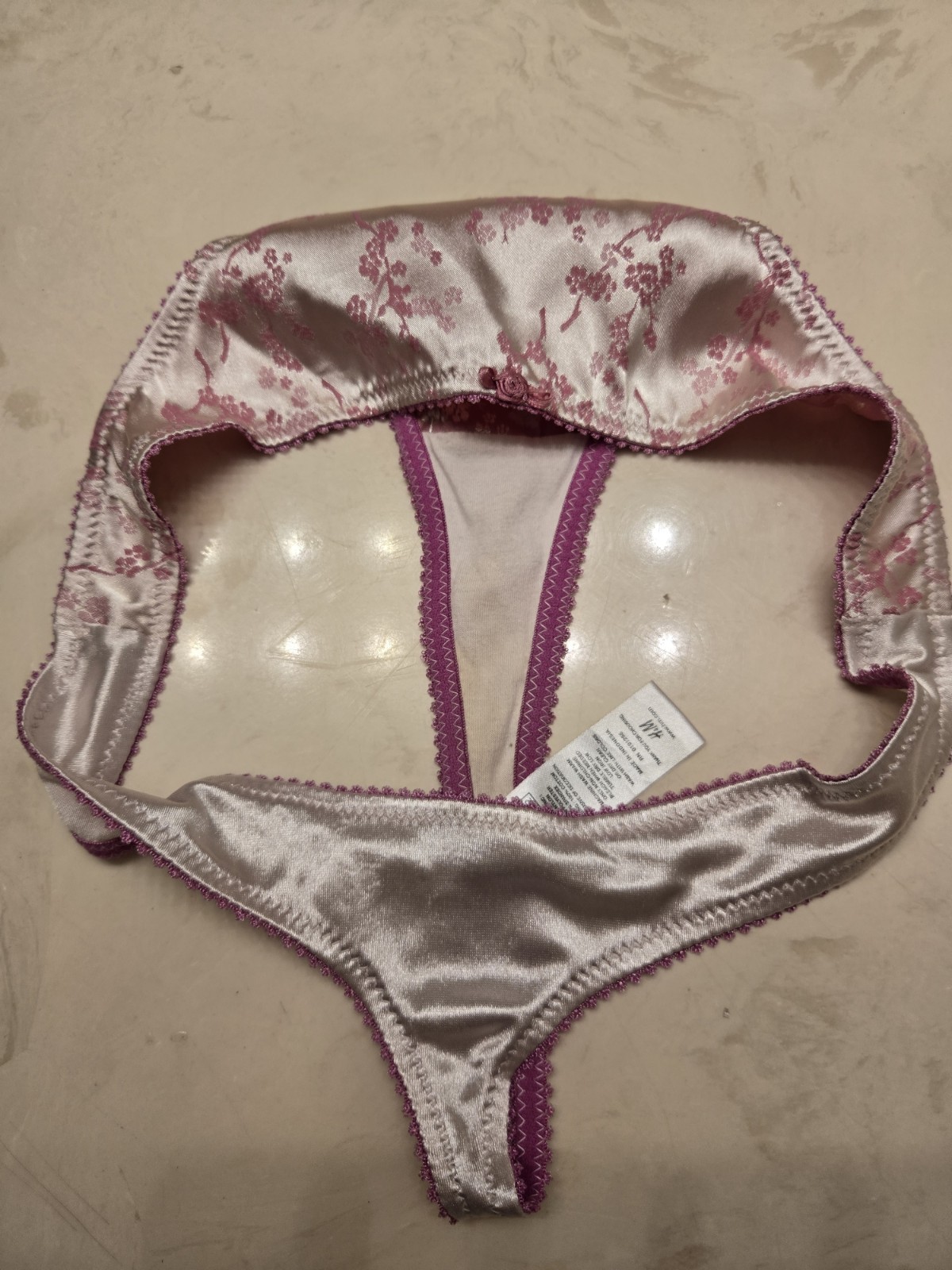 Vintage H&M Silver Satin Thong Pink Floral Design Size Medium Y2k